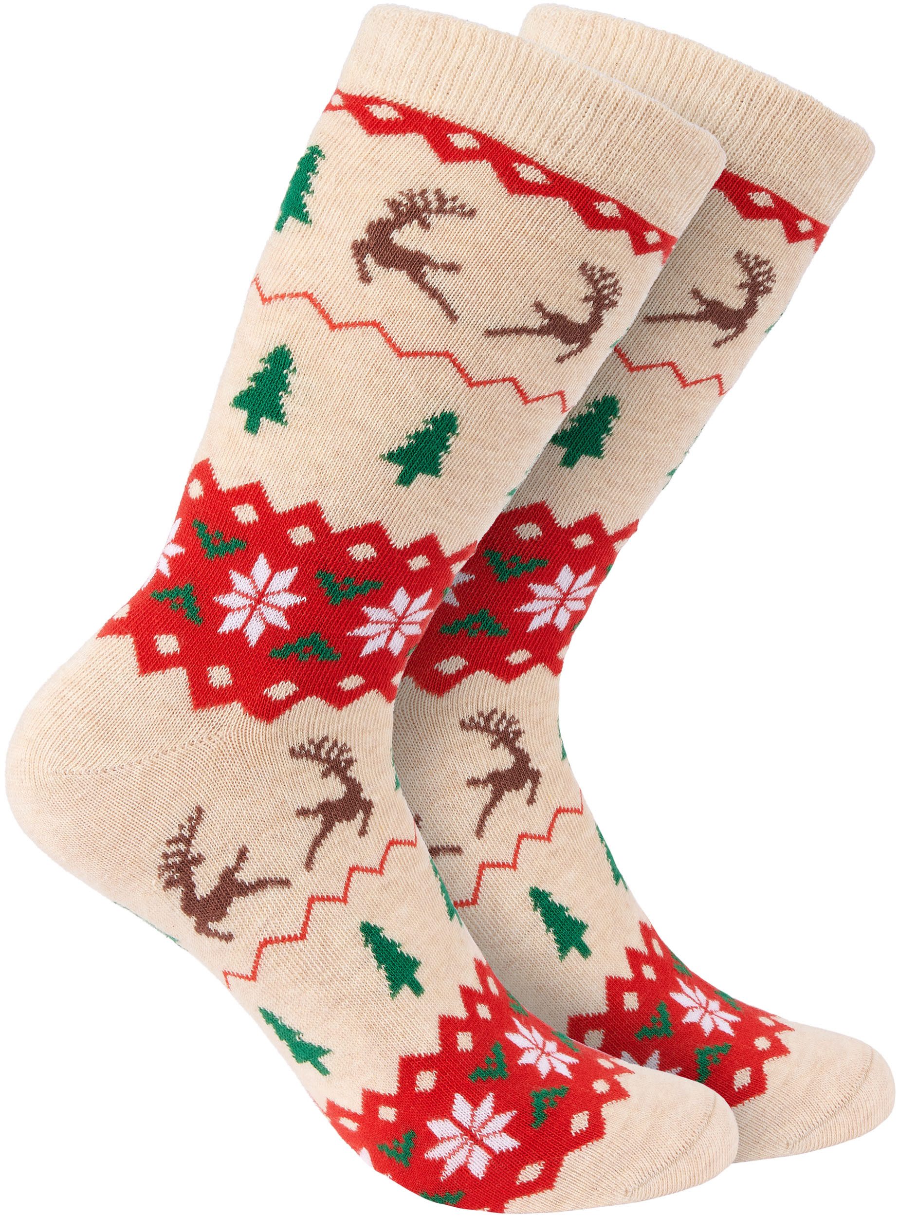BRUBAKER Socken Weihnachtssocken für Damen und Herren - Weihnachtsmuster Beige (Weihnachtsmotiv, 1-Paar, Lustige Freizeitsocken) Baumwolle Socken Weihnachten - Unisex Baumwollsocken