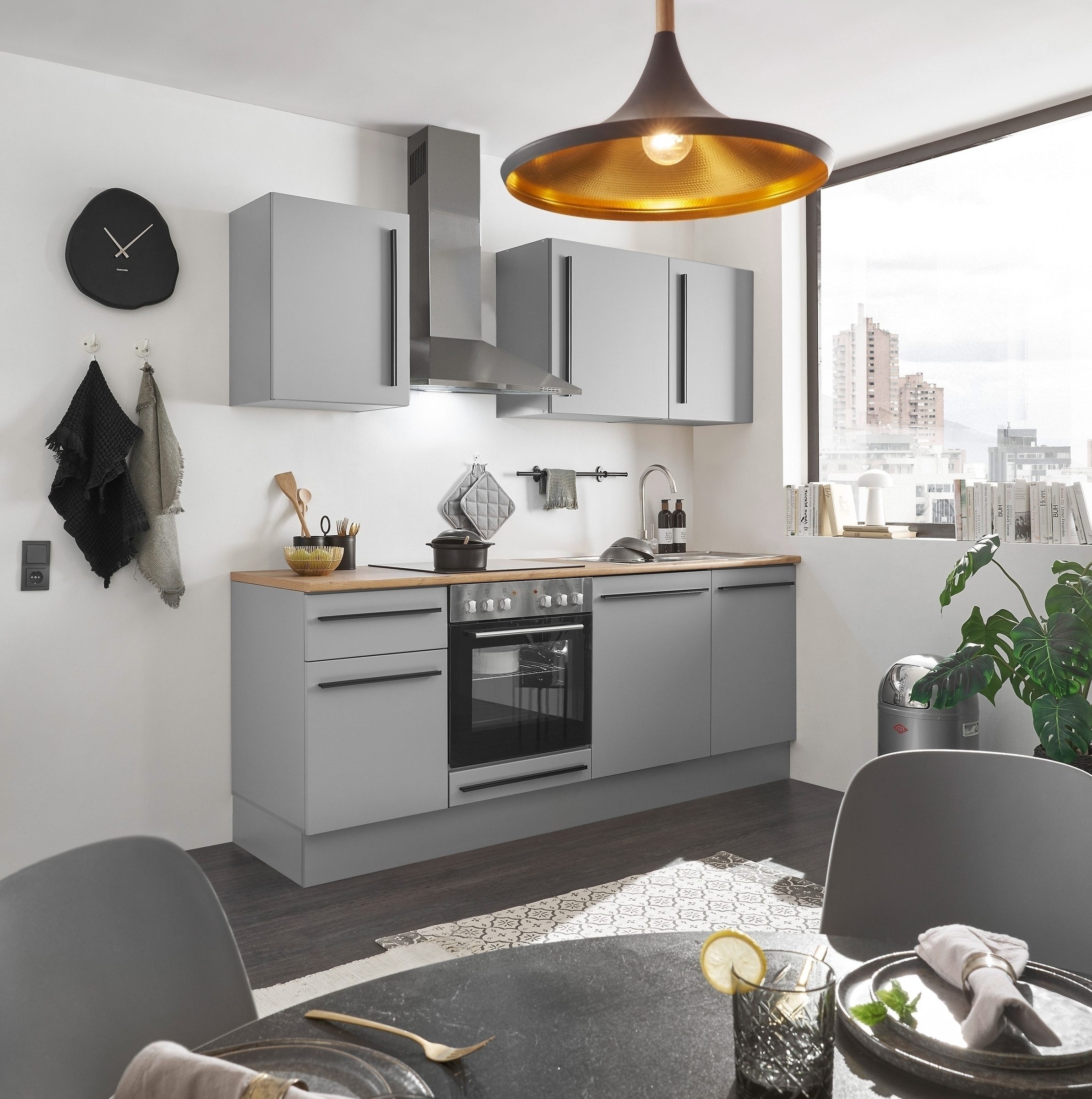 PREISBRECHER Кухниzeile Denver, Grau / Grau matt mit Lancelot Eiche Dekor - 220x211x60cm (BxHxT)