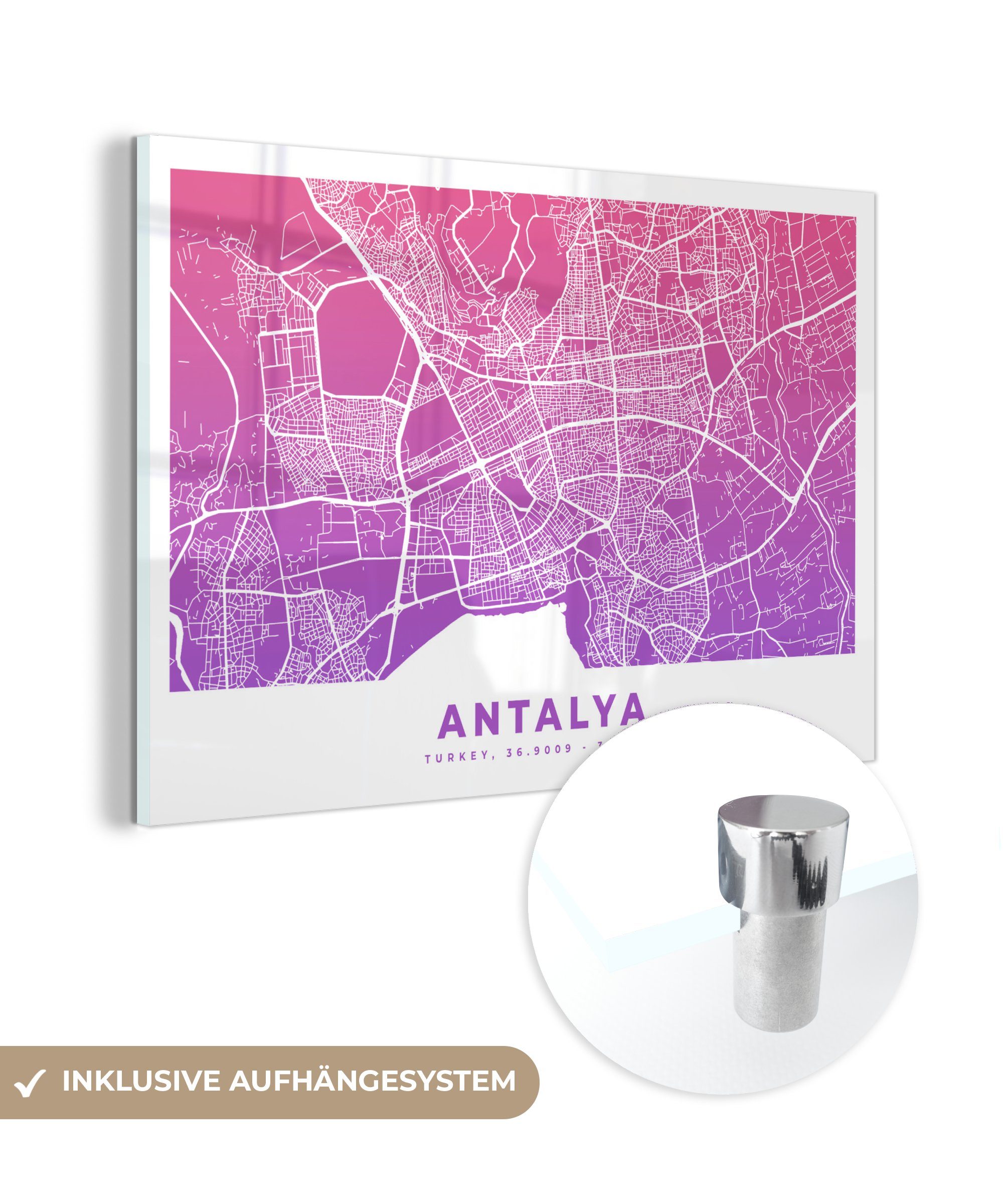 MuchoWow Acrylglasbild Antalya - Türkei - Karte, (1 St), Acrylglasbilder Wohnzimmer & Schlafzimmer