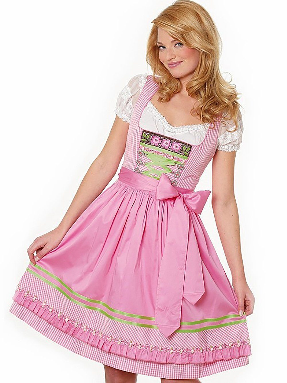 Moschen-Bayern Dirndl Mini-Dirndl kurz Damen - Dirndl Mini Rosa Trachtenkleid Oktoberfest Wiesn-Dirndl 60 cm (Dirndl mit Schürze (ohne Bluse) kurz, kariert, Mini, Blumen, Trachtenkleid, Stickerei, Dirndl