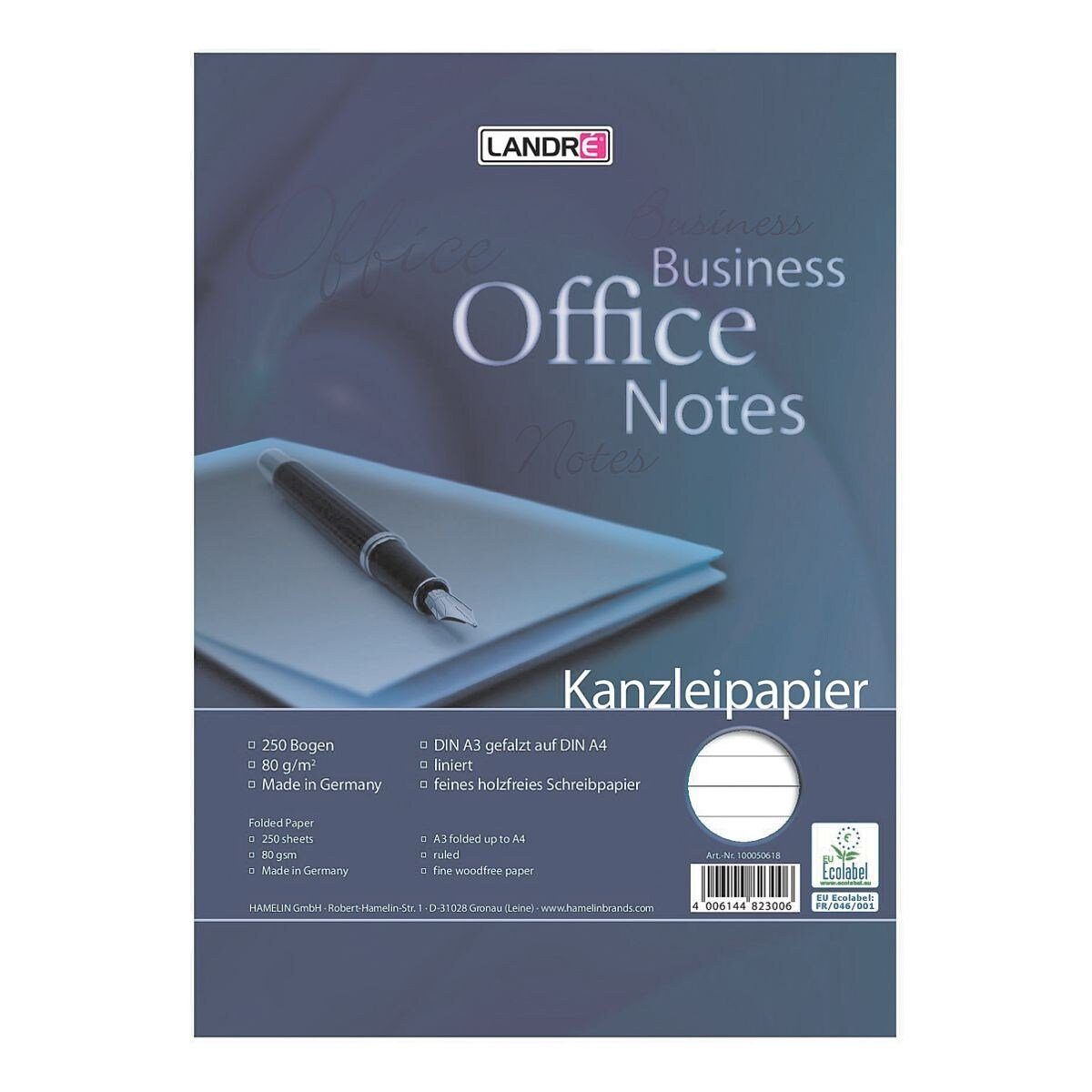 LANDRE Briefpapier Office, Kanzleipapier, DIN A3 auf A4, liniert ohne Rand, ungelocht, 250 Bögen