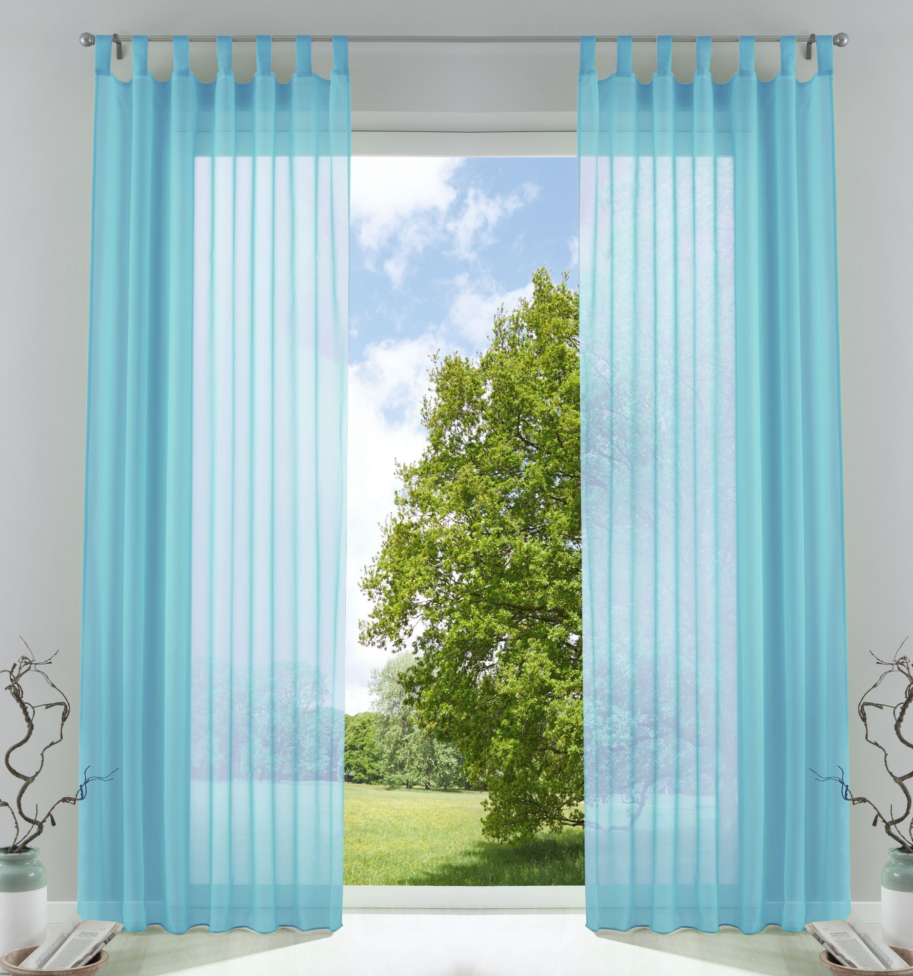 St), Schlaufe (2 Set Bleibandabschluss Gardinenbox, Hellblau Gardine, Voile Transparent 61000CN transparent, verschiedene Höhen Vorhang