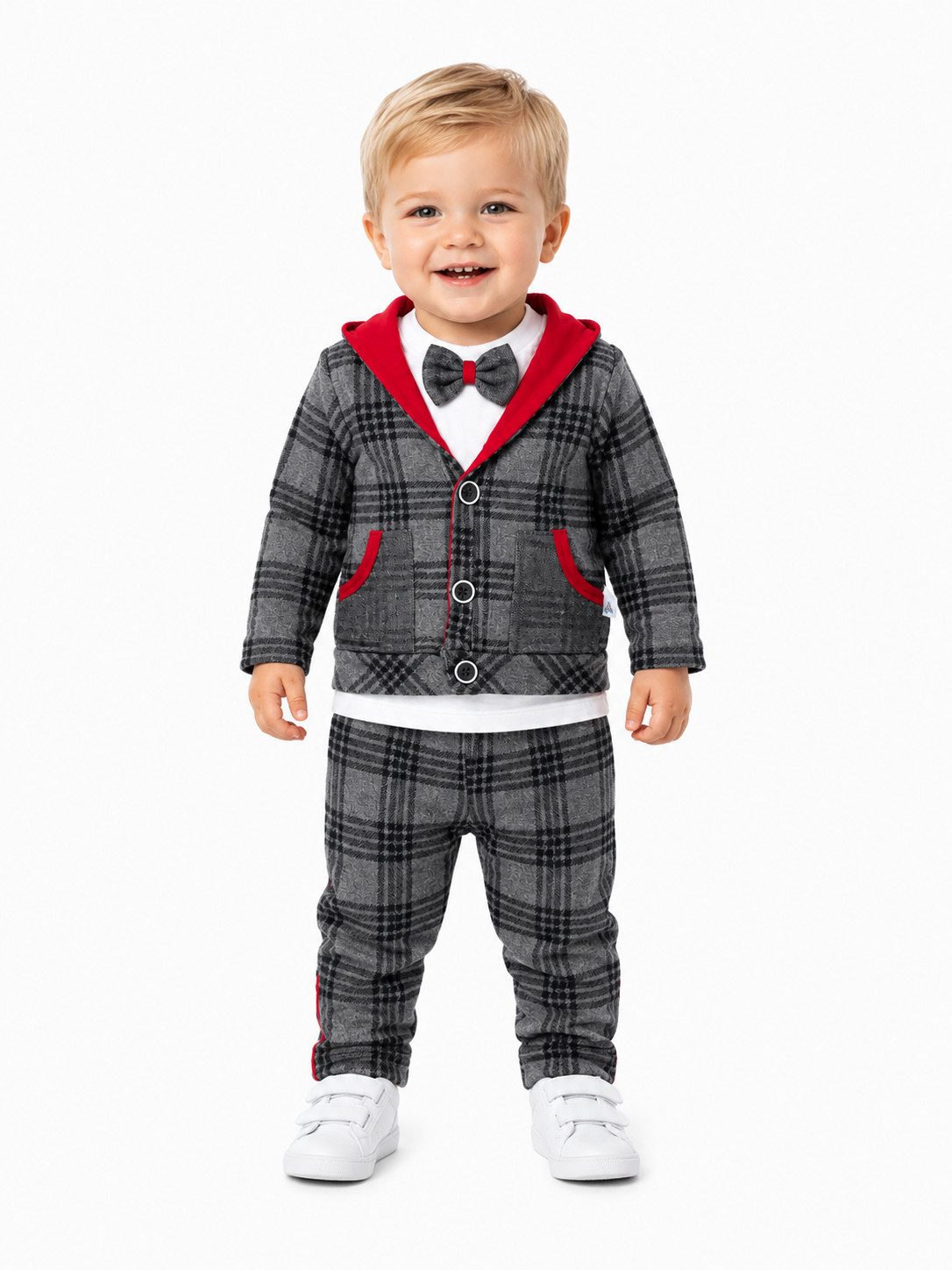 Lorey Medtec Neugeborenen-Geschenkset Babyanzug, Jungen Outfit, Jacke Hose Langarmshirt Fliege Kariert (Langarmbody + Hose + Mütze)