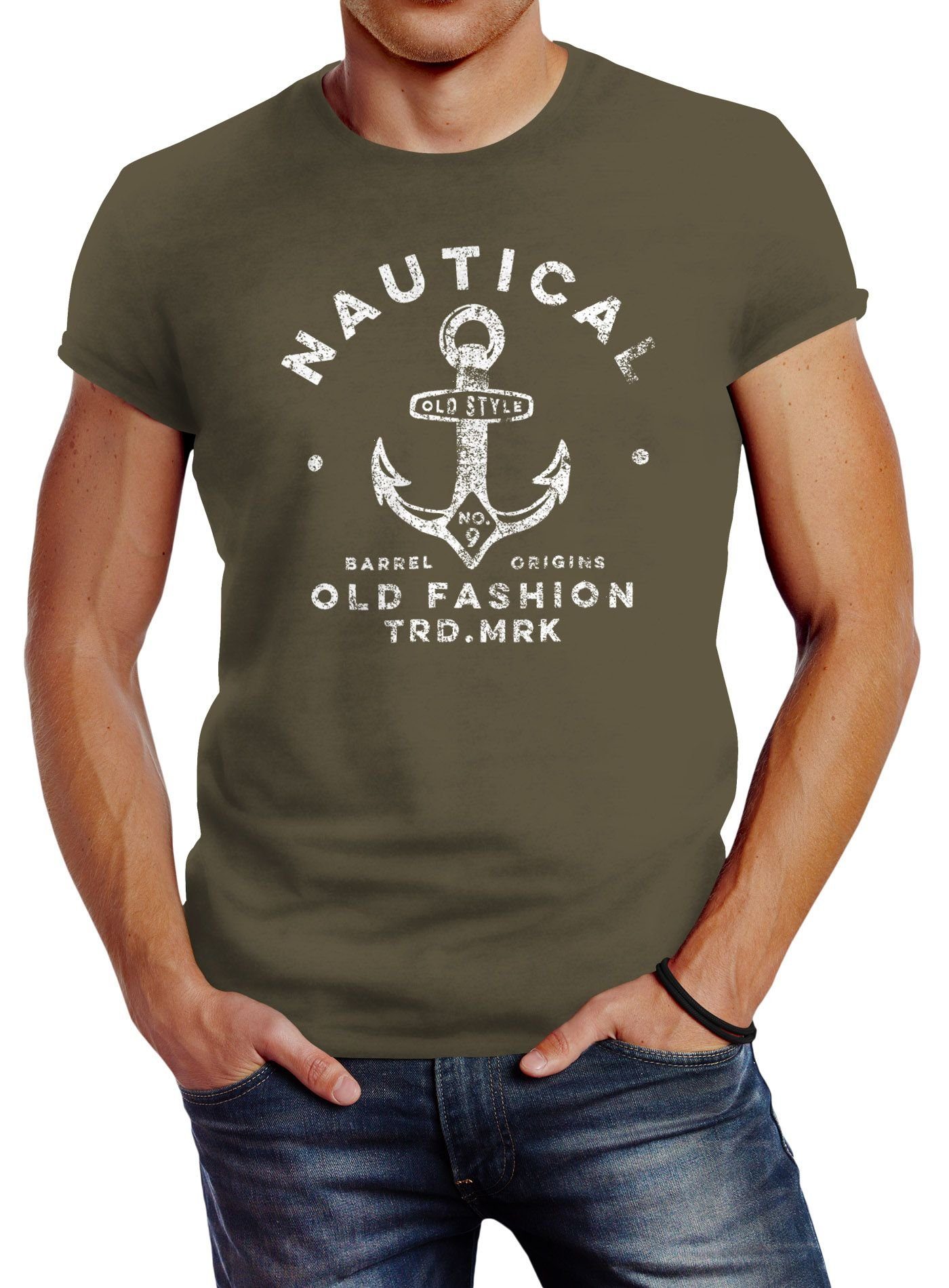 grün Design Print Fashion Neverless® Streetstyle Anker Nautical Motiv Retro T-Shirt Old Neverless Schriftzug Herren Fashion mit Print-Shirt