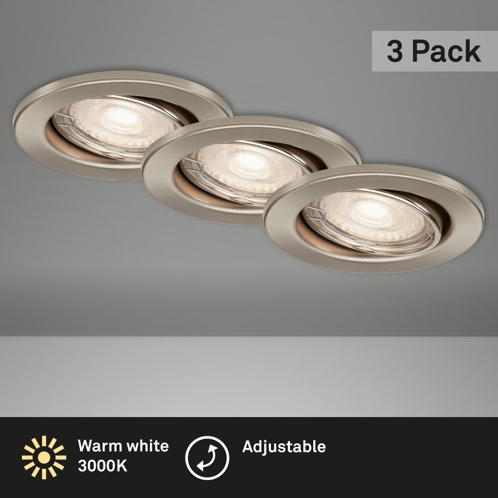 Briloner Leuchten LED Einbaustrahler 7147-032, LED wechselbar, 2700K - Extra-Warmweiß, 3er Set, schwenkbar, Warmweiß 3000K, matt-nickel, GU10, 5W - 460 lm