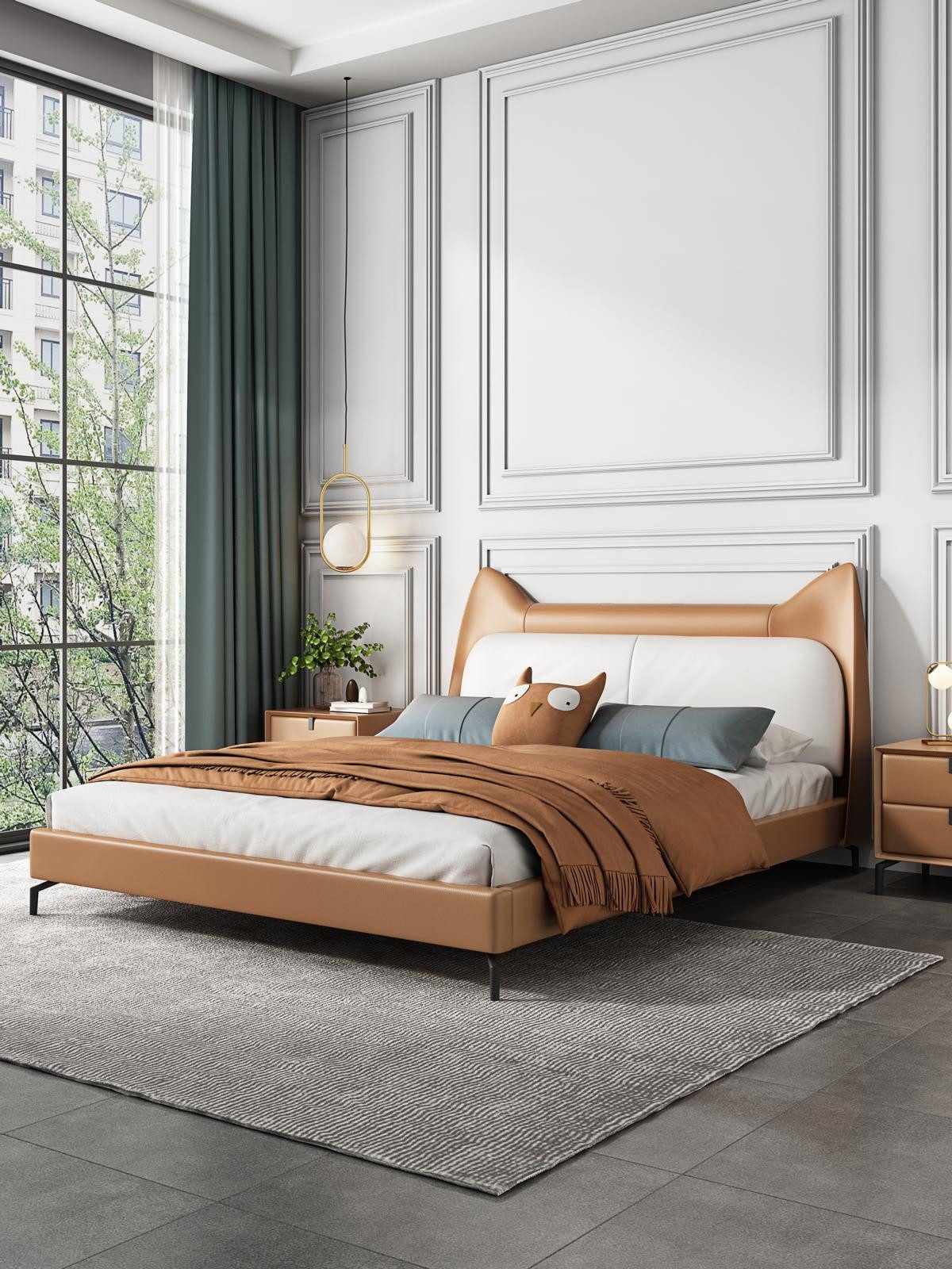 Bett Designer Doppelbett in Blau mit edelstahlverzierten Details