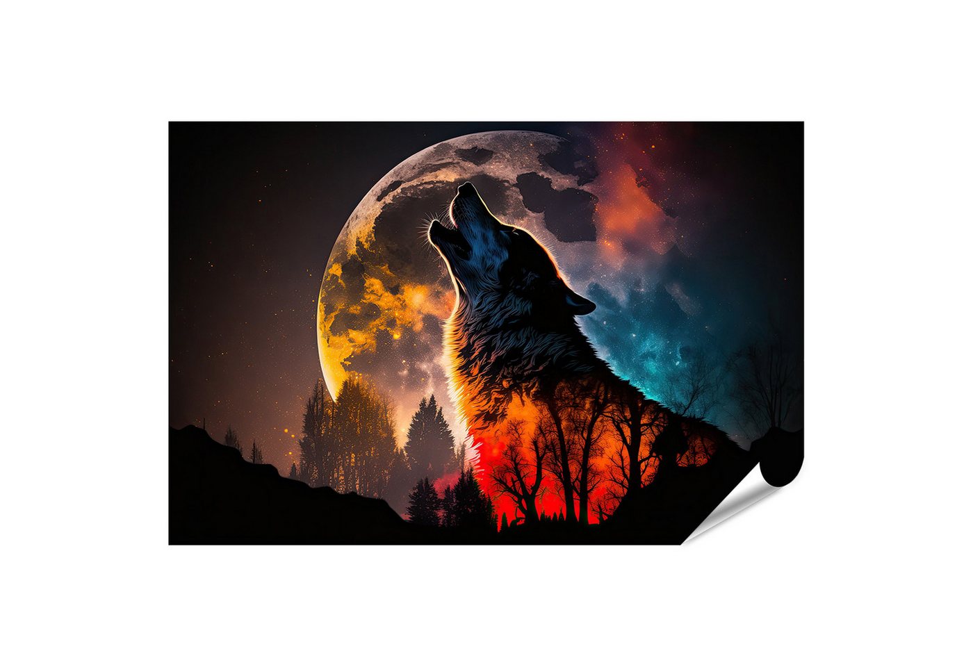 islandburner Poster Doppelbelichtung Heulender Wolf Silhouette Vollmondhimmel Fotodruck