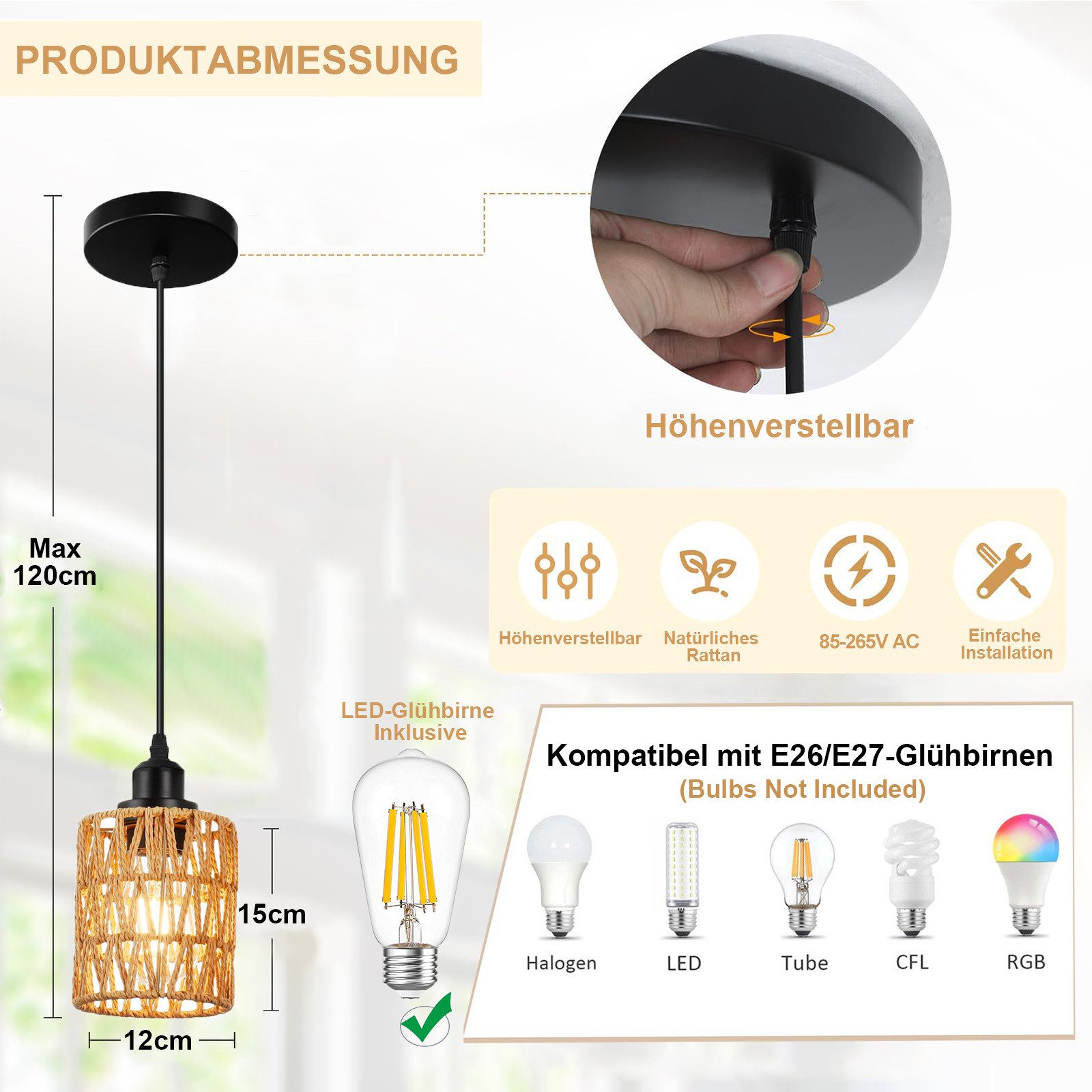 Jibenhome Pendelleuchte Boho Rattan Hängeleuchte 1/3-flammige, günstig online kaufen