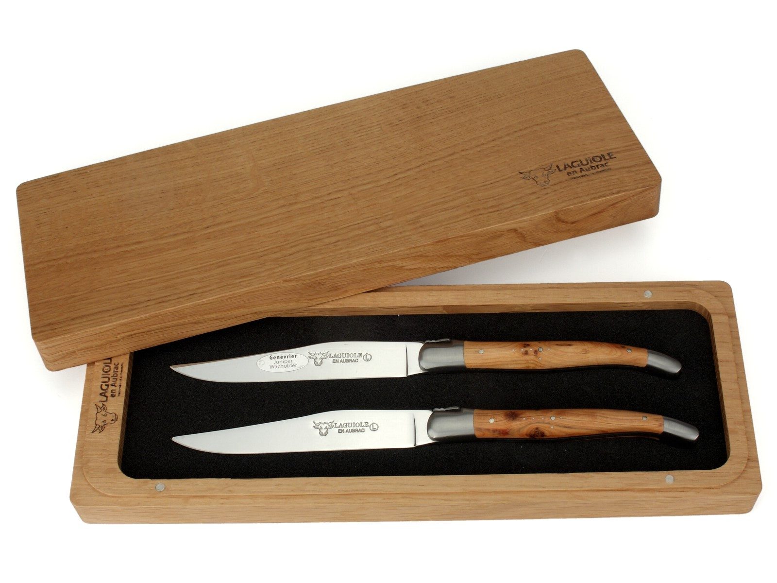 Laguiole en Aubrac Steakmesser 22C99GEIH 2er Set - Griff Wacholder - Backen matt - Klinge glänzend - Holzbox