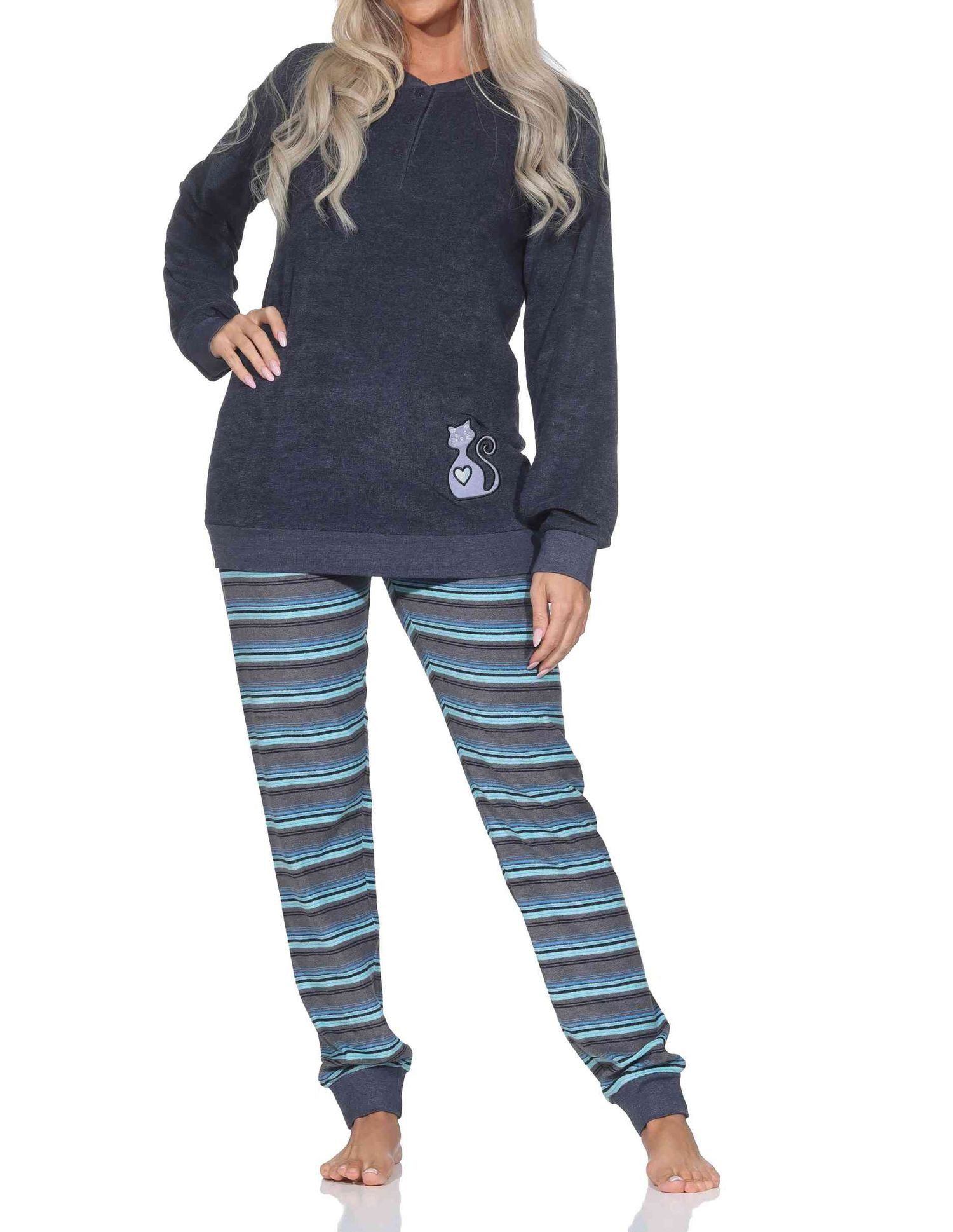 Normann Pyjama Normann Damen Frottee Pyjama lang mit Bündchen + Tier-Motiv