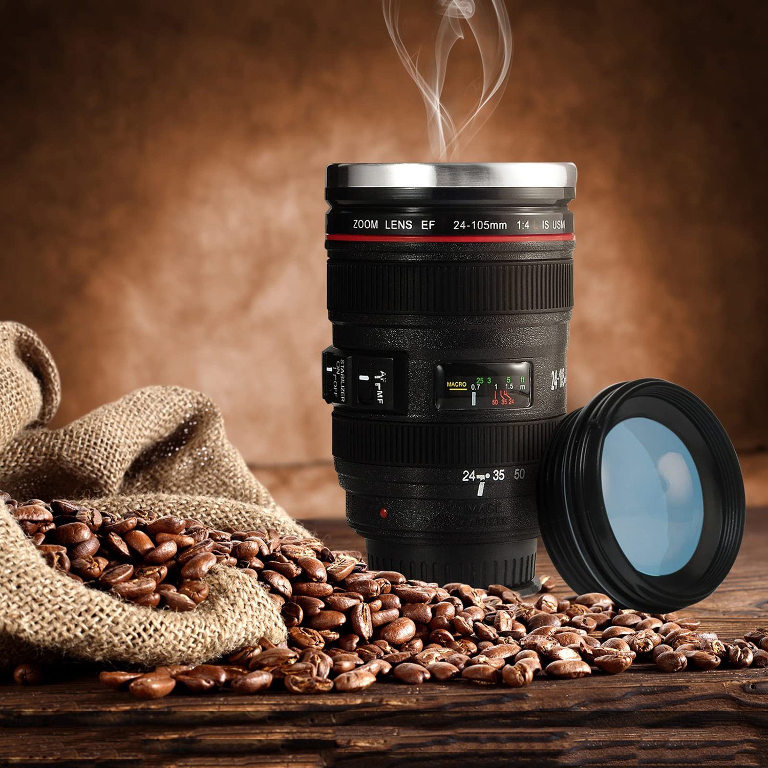 GelldG Becher Kamera-Objektiv-Kaffeetassen, Edelstahl-Trommel-Schale