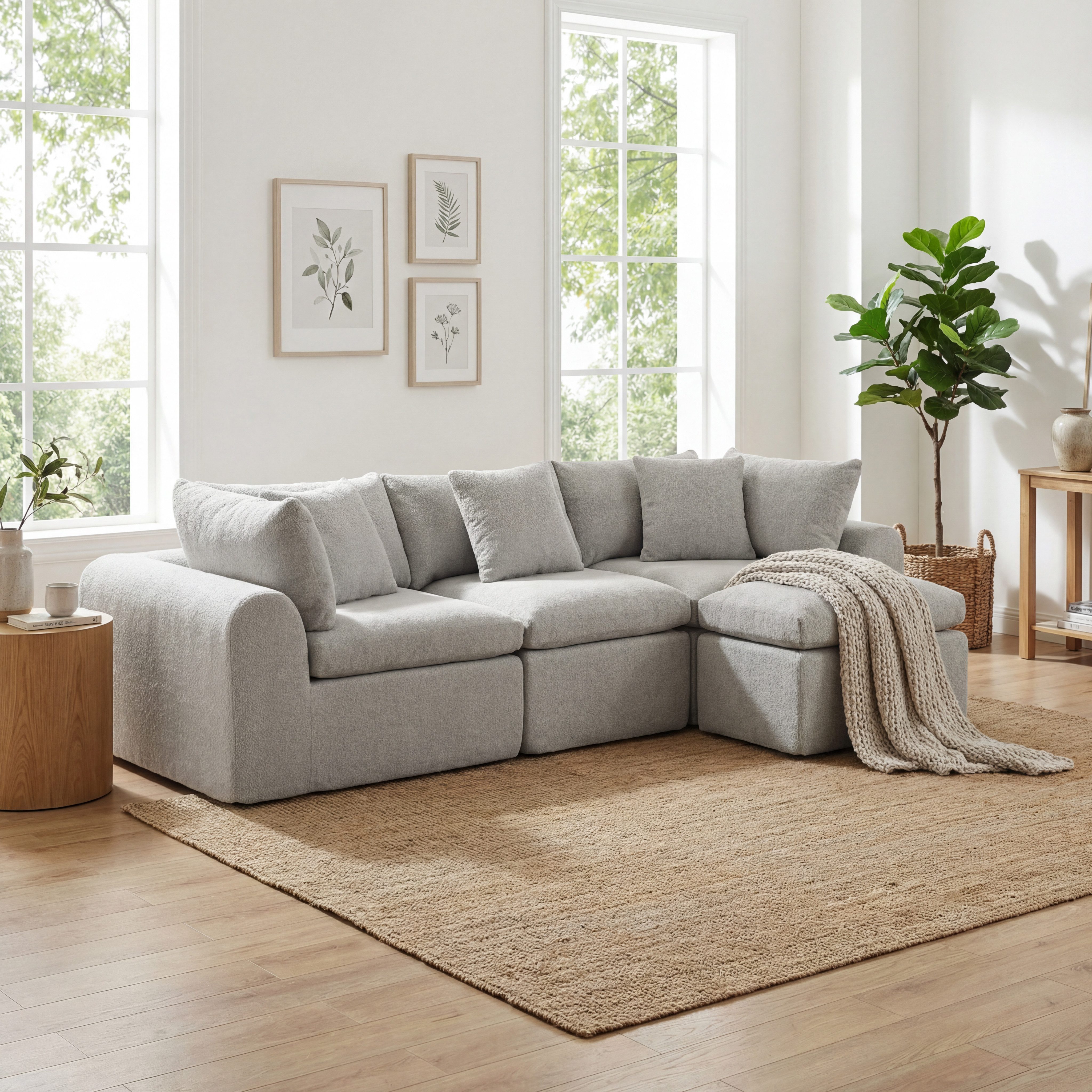 FUFU&GAGA Ecksofa Modulares Wolken-Sofa mit Armlehnen, Bouclé, hellgrau, 275 cm breit – Bild 2 von 5