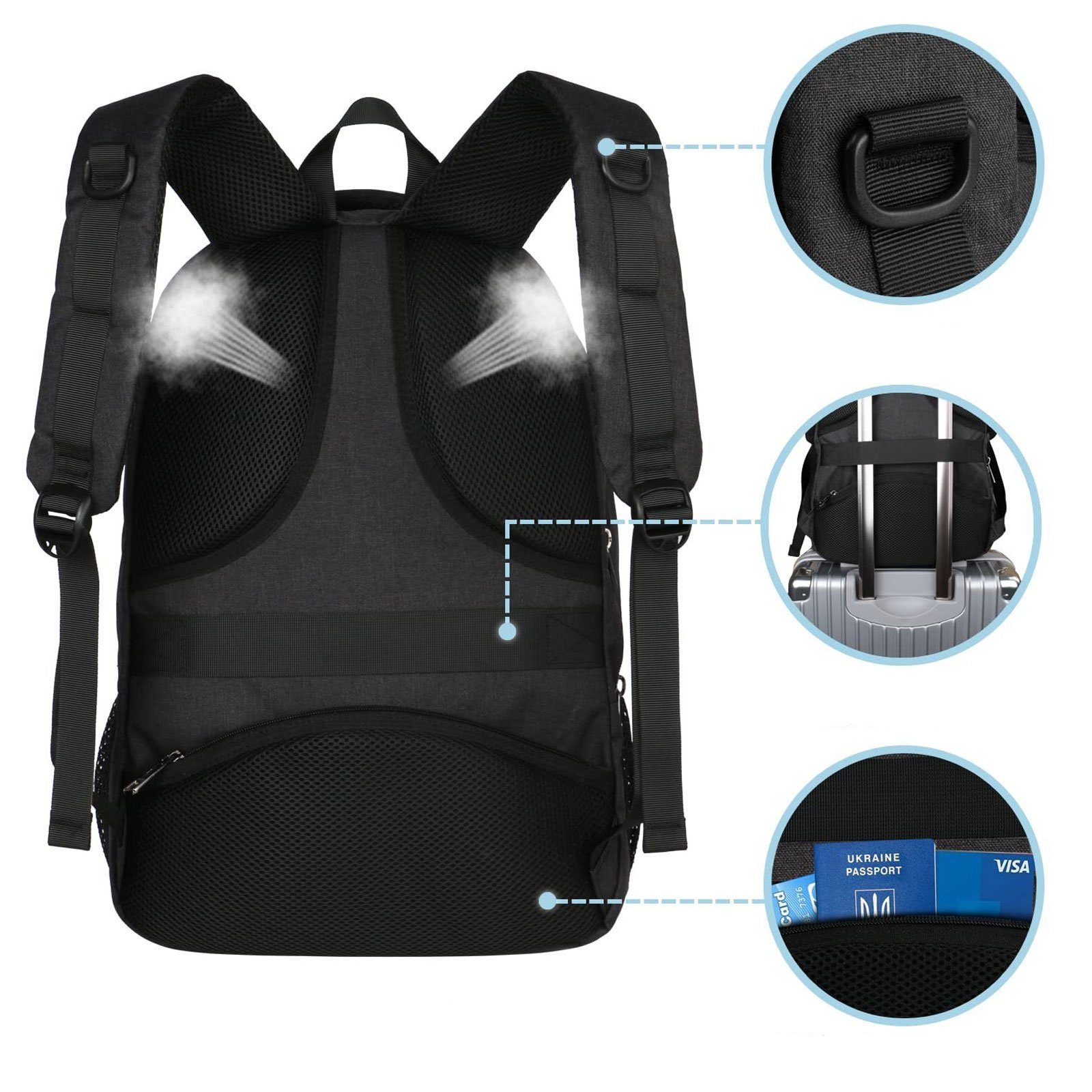 REDOM Laptoprucksack Herren Damen Business Rucksack wasserdicht Laptoptasche (Daypack mit USB Ladeanschluss, Anti-Diebstahl, mit Koffergurt), für Arbeit Uni Reise Freizeit Business