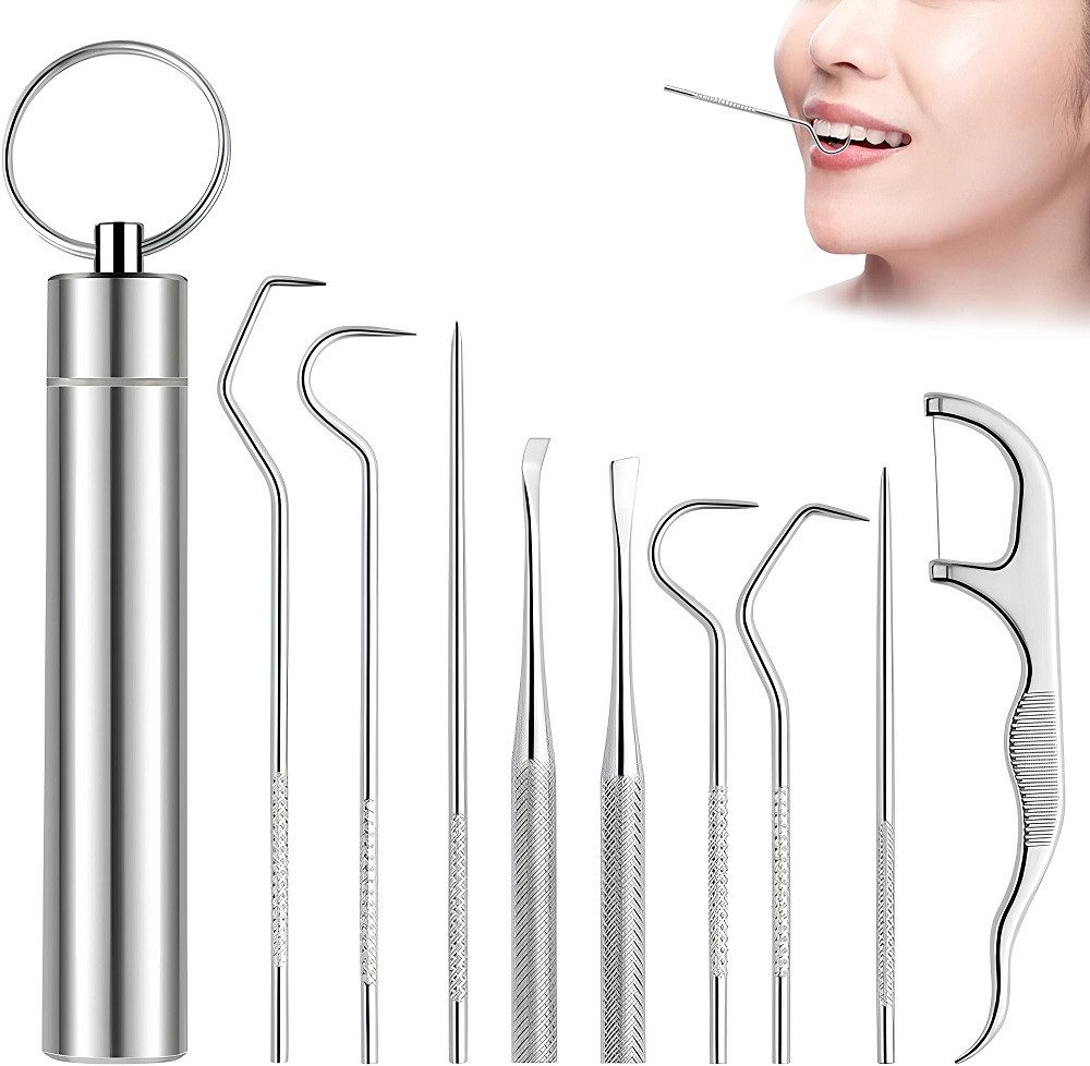 COOL-i ® Зубні щітки-Set Edelstahl-Zahnstocher Set – 9-teilig, wiederverwendbar & tragbar, mit Schlüsselring & Etui – ideal für Zahnreinigung, Reisen & Outdoor