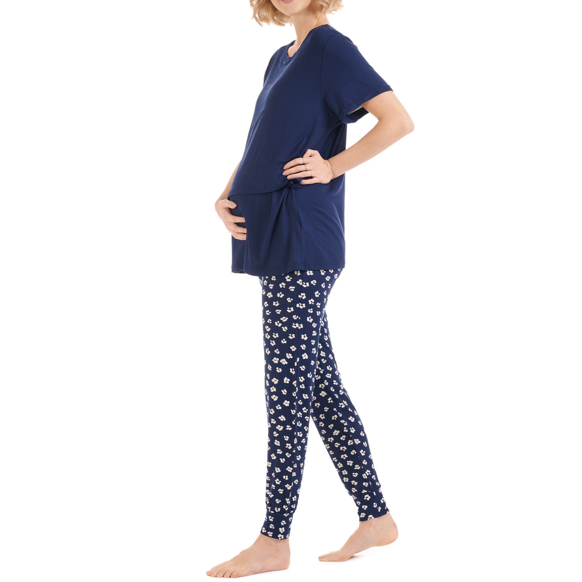 Pyjama-Set Muster - Herzmutter - Stillpyjama - tlg) Umstandspyjama (2 Blau/Blumen Stillmode