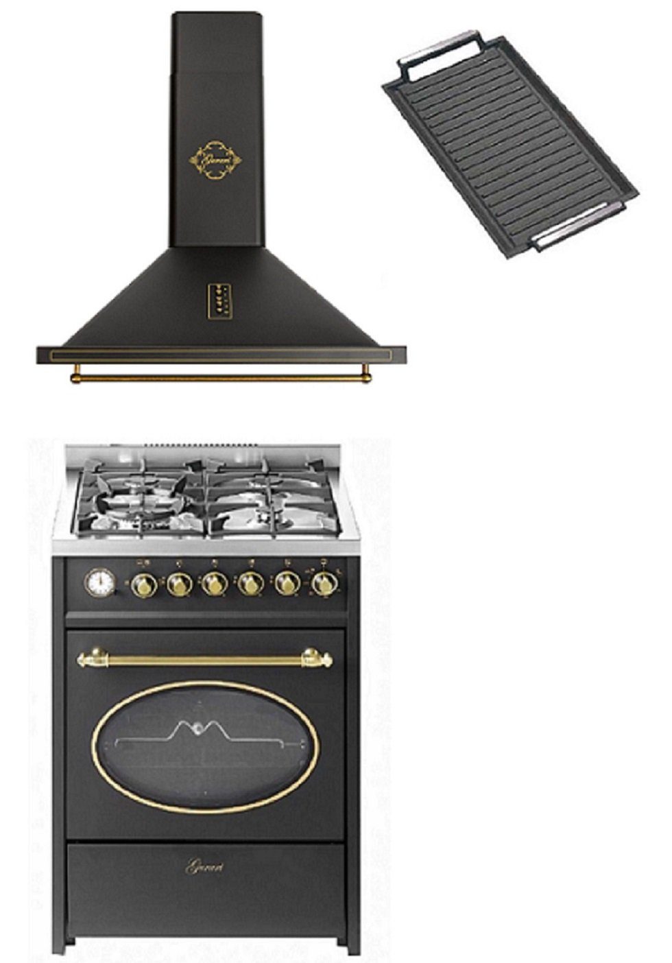GURARI Gas-Standherd GCH G 614 BL+GCH 975 Bl 6 +Grillplatte, mit 1-fach-Teleskopauszug, Gas Standherd 60 cm /55 L+Retro Dunstabzugshaube 60cm, 850m³/h