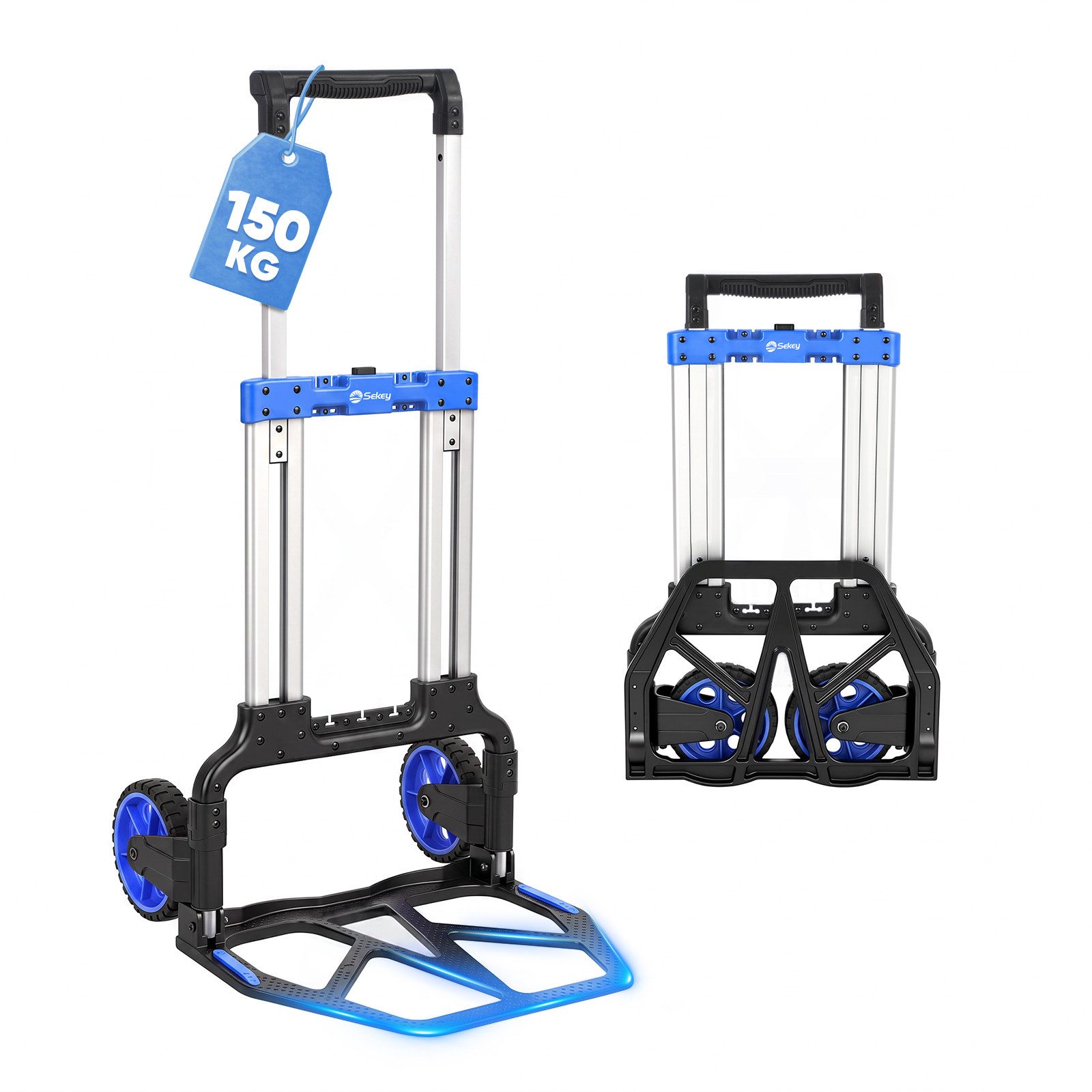 Sekey Sackkarre 150 kg Sackkarre Klappbar Transportkarre mit XXL Anti-Rutsch-Plattform, Mit 2 Expanderseilen, verstärktem Alurahmen, höhenverstellbar 77/107cm