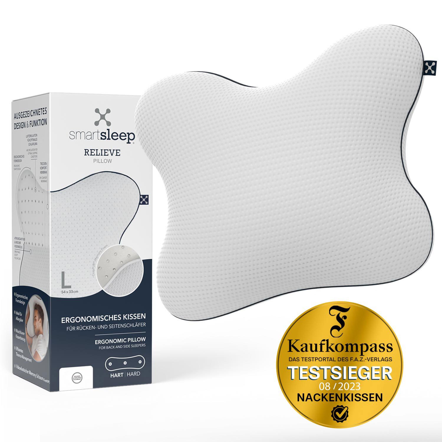 smartsleep Nackenkissen Relieve Pillow, Ergonomisches Nackenstützkissen, HWS-stützend für Rücken- & Seitenschläfer
