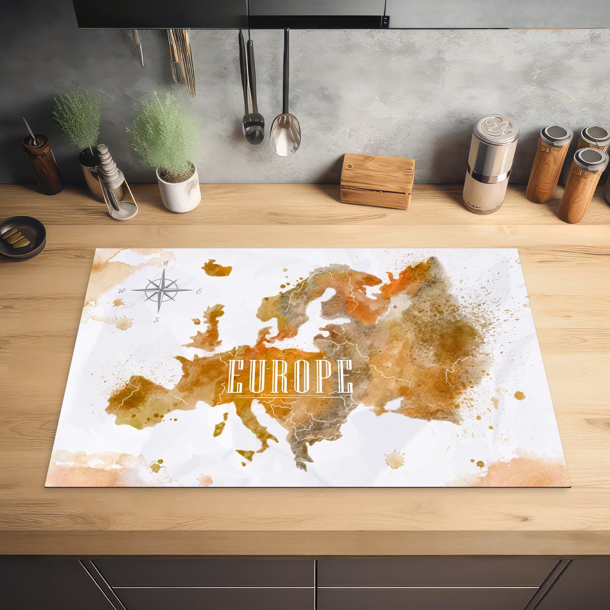 - tlg), für küche, Schutz die Europa Farbe Vinyl, Induktionskochfeld 81x52 (1 - Weltkarte, MuchoWow Herdblende-/Abdeckplatte Ceranfeldabdeckung cm,