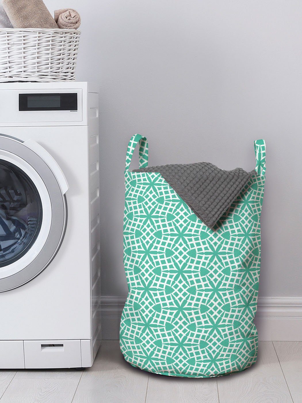 Wäschekorb Aqua-Damast Kordelzugverschluss für Abakuhaus Waschsalons, moderne Griffen Wäschesäckchen Monochrome mit