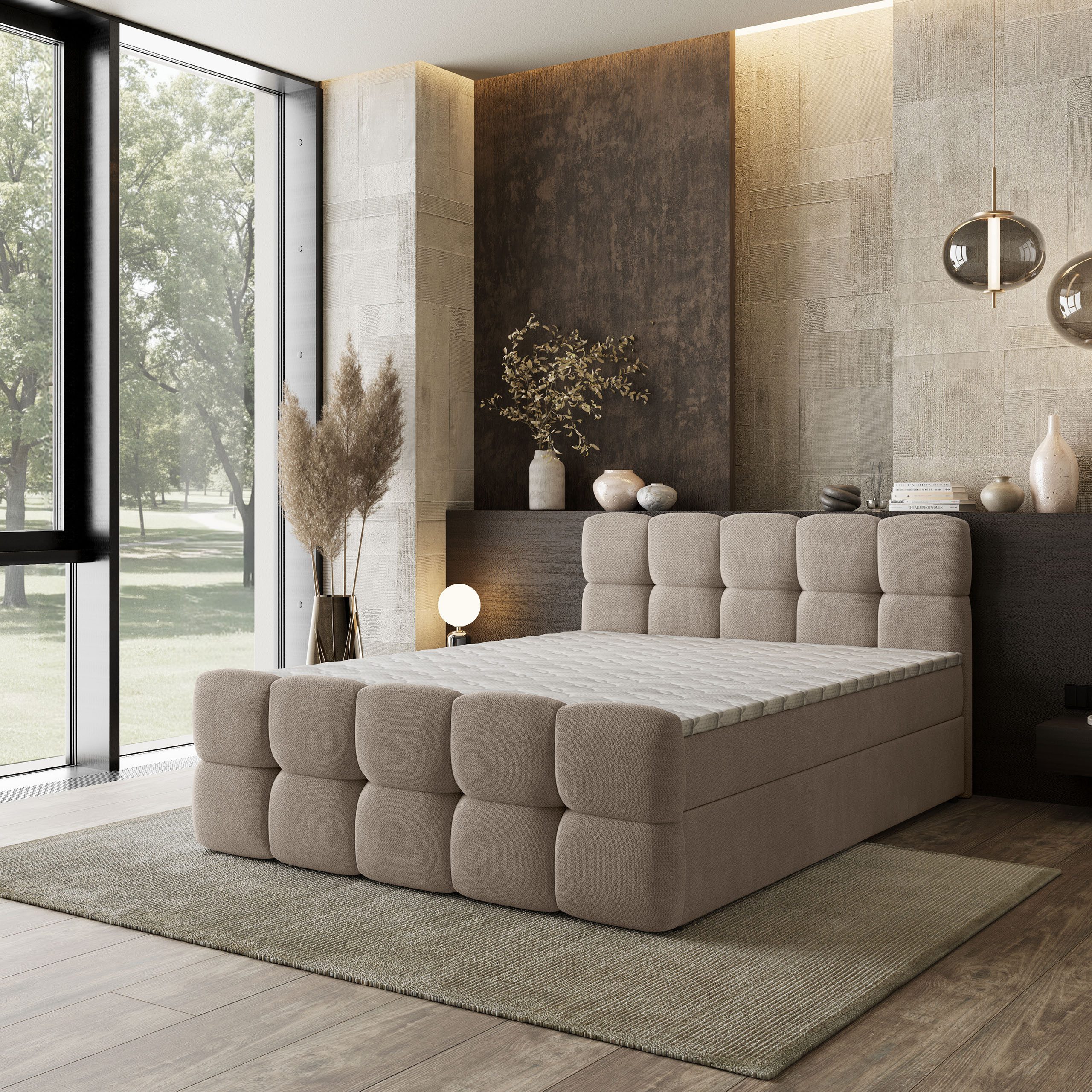 Masseno Boxbett BRUME 160x200 cm mit Bonell Matratze und Topper, Doppelbett, Polsterbett mit Kopfteil, Boxspringbett