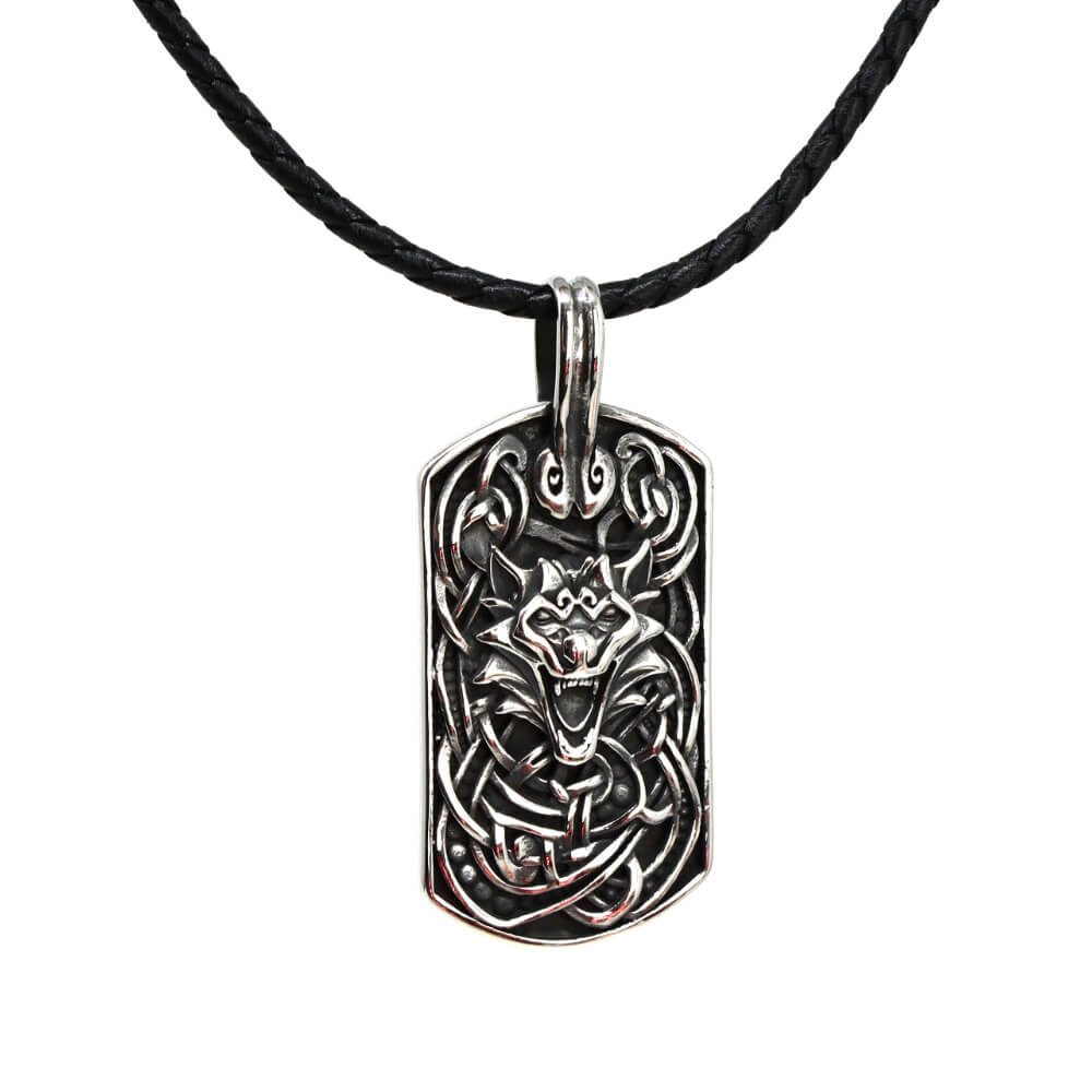 Kette mit Anhänger Lederkette Edelstahlkette 316L WOLF PLATTE
