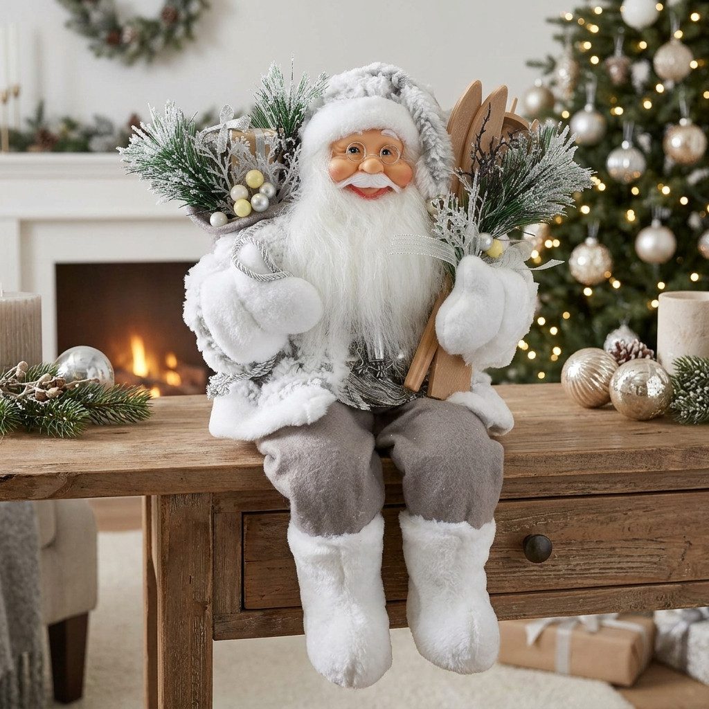 Christmas Paradise Weihnachtsmann Santa Kantenhocker 45cm (Dekofigur, 1 St., Weihnachtsdeko), Santa sitzend mit Ski und Geschenkesack