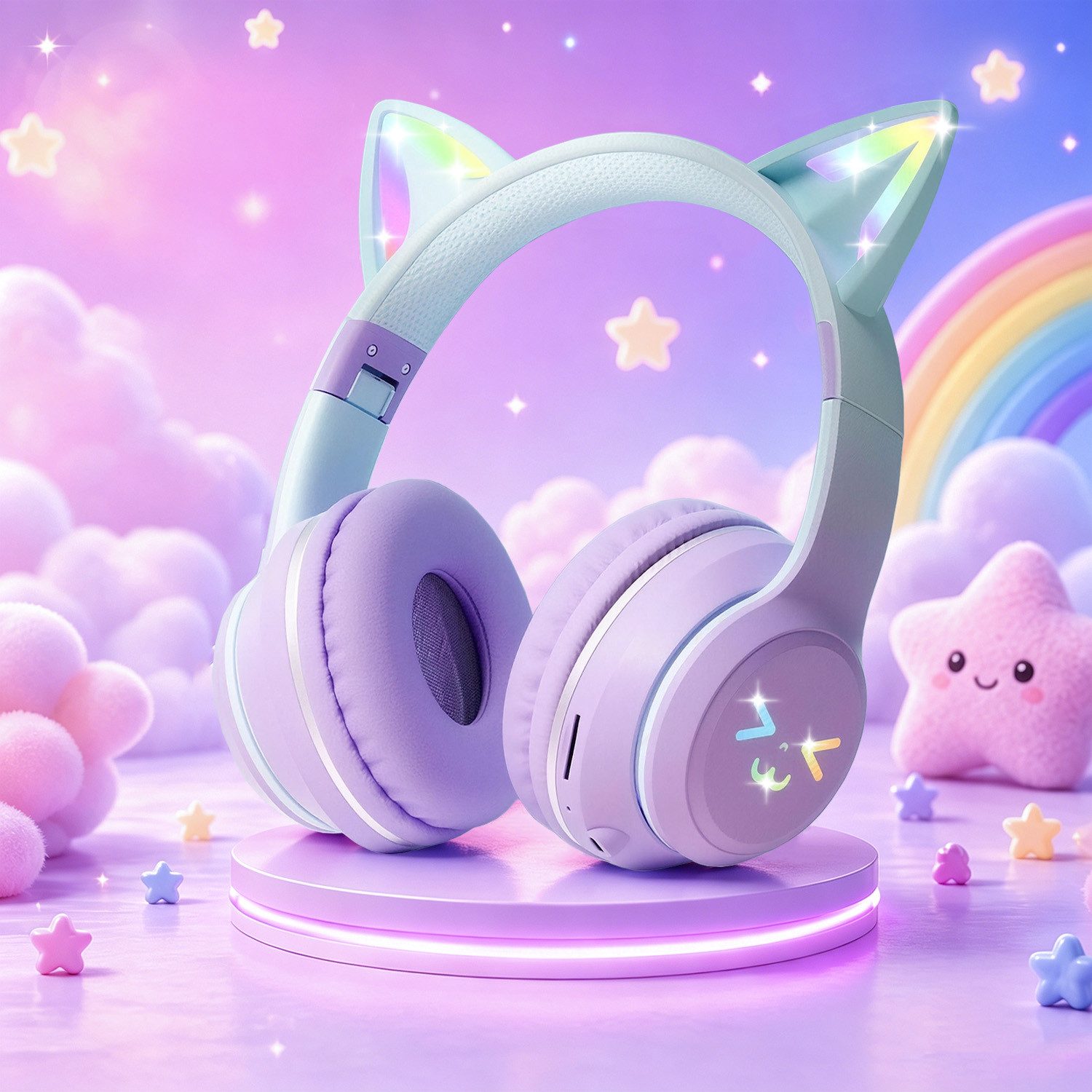 FOSMET Bluetooth Kopfhörer Kinder mit LED-Leuchten 60dBA Lautstärkebegrenzung Over-Ear-Kopfhörer (10 Stunden Spielzeit, Stereo-Sound, Kinderkopfhörer für Tablet/Reisen)