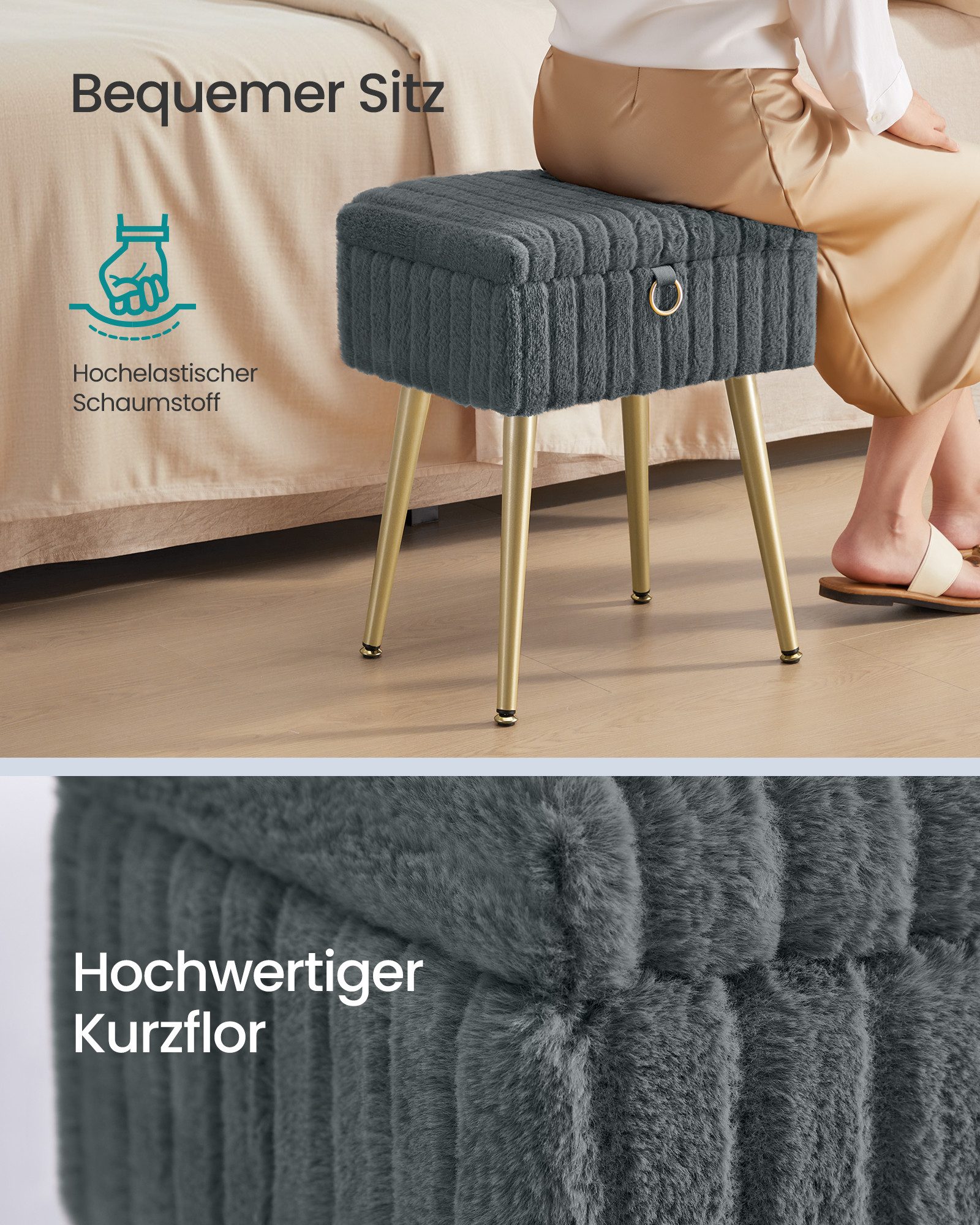 SONGMICS Sitzhocker Schminkhocker, Fußhocker, Wohnzimmer, Schlafzimmer, 30 x 40 x 50 cm (mit Stauraum), Schminktisch-Stuhl, Metallbeine, gepolstert, verstellbare Füße, grau