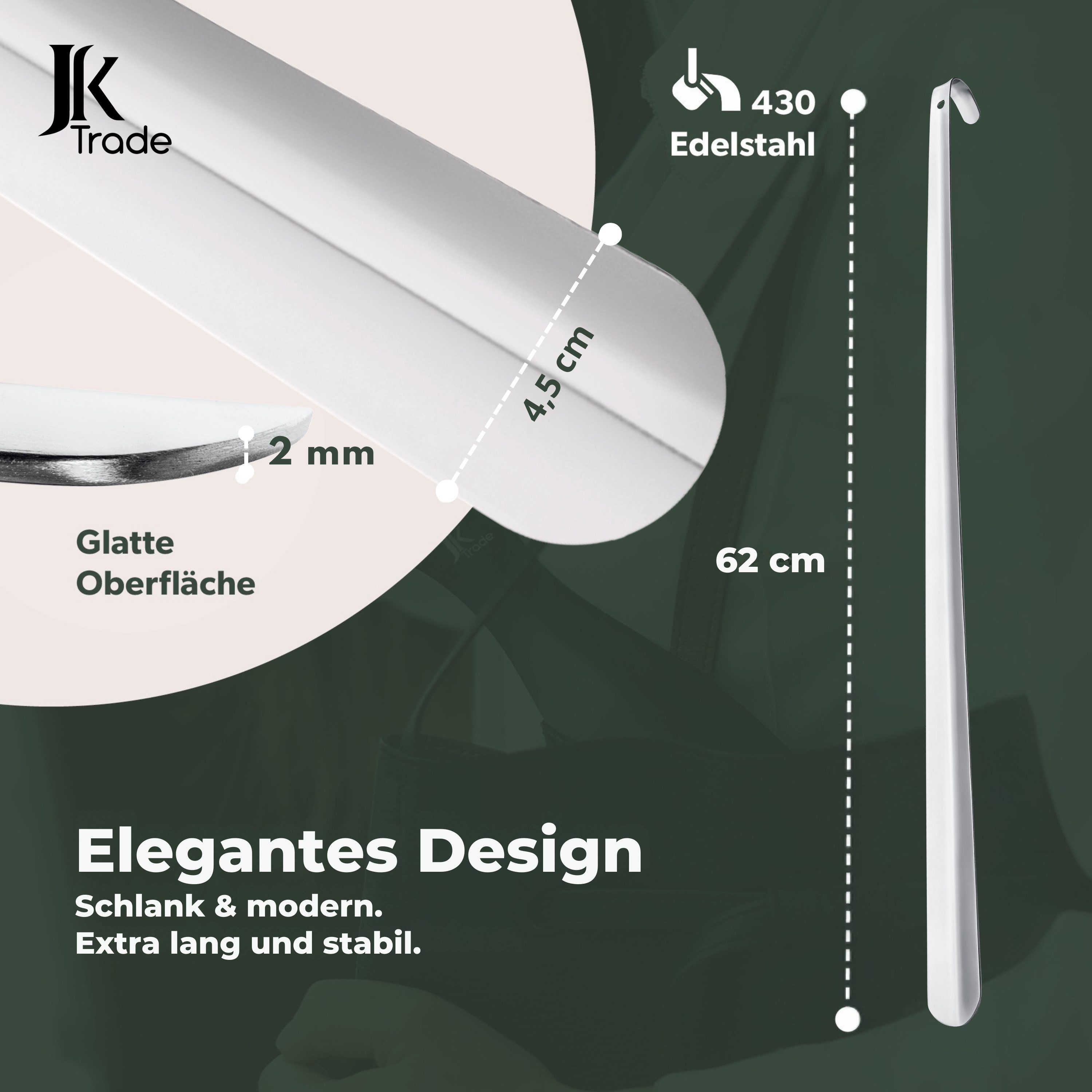 JK Trade Schuhlöffel 62cm Edelstahl poliert (1-tlg., extra lang & stabil), Metall Schuhanzieher lang zum Stehen, Aufhängbar, 2mm Extra Stabil