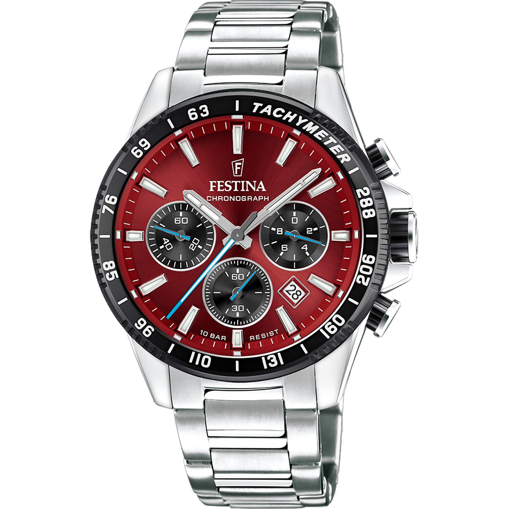 Festina Chronograph Herrenuhr F20560-7 Burgunderrot Edelstahlband 45 mm