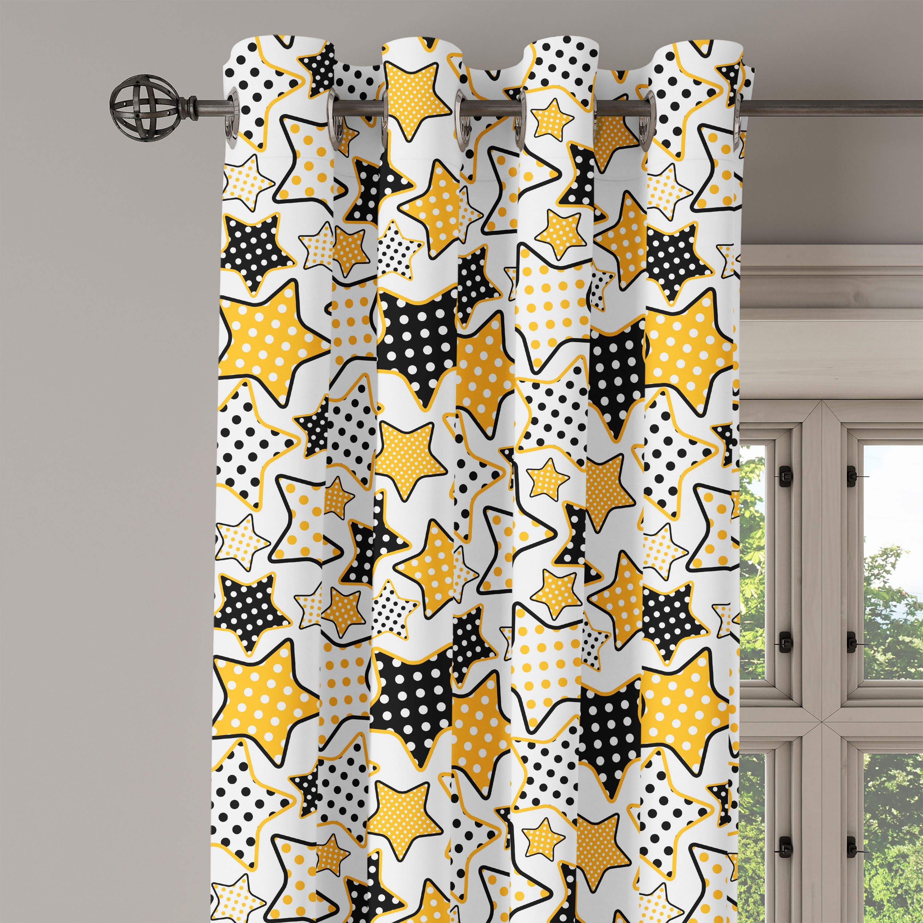 Gelb für Gardine Schlafzimmer punktierte Retro Wohnzimmer, 2-Panel-Fenstervorhänge Sterne Polka Abakuhaus, Dekorative