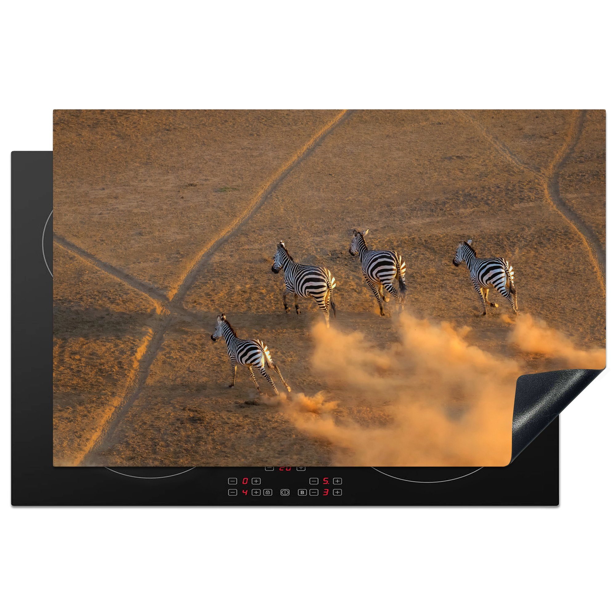MuchoWow Herdblende-/Abdeckplatte Laufende Zebras bei Sonnenuntergang, Vinyl, (1 tlg), 81x52 cm, Induktionskochfeld Schutz für die küche, Ceranfeldabdeckung