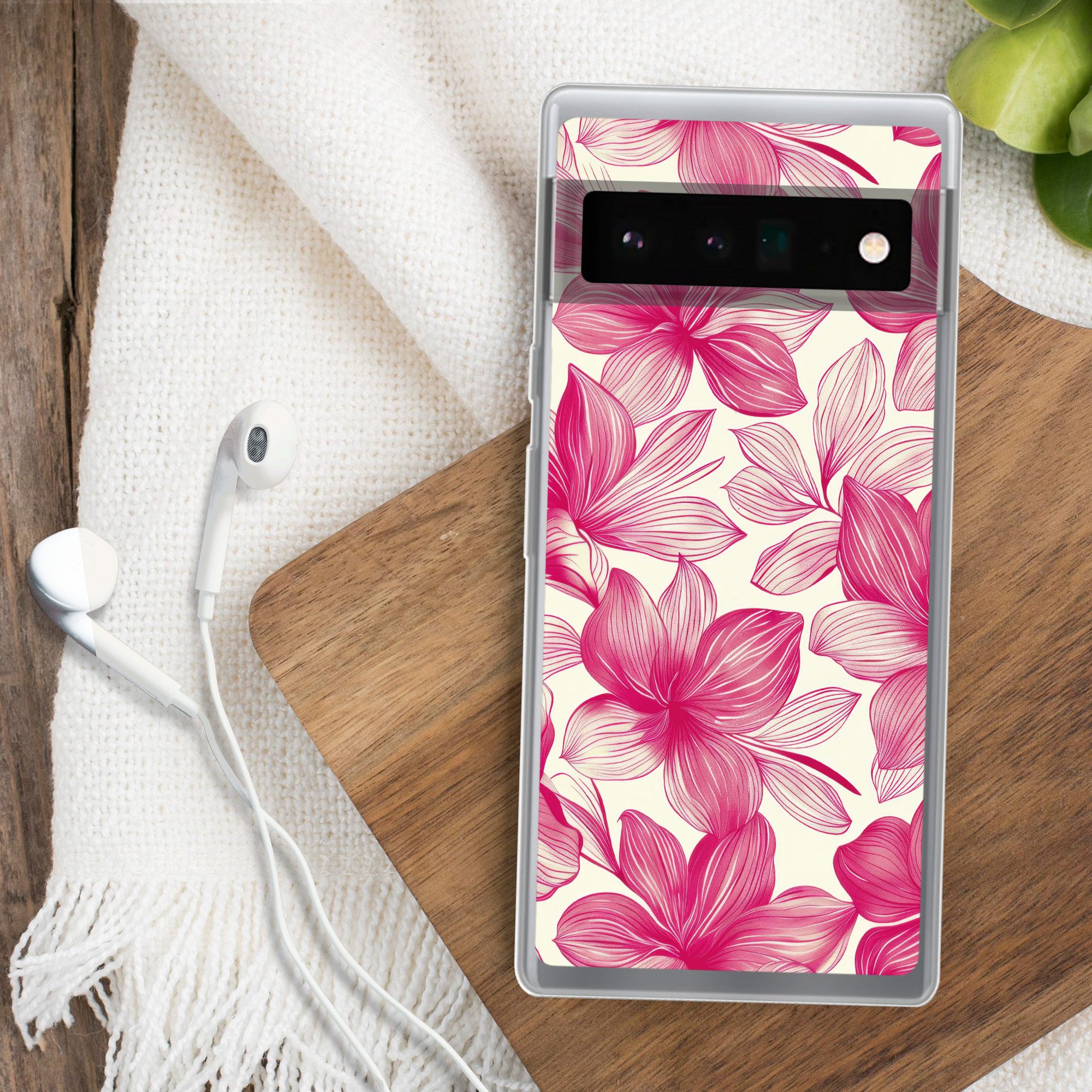 MuchoWow Handyhülle für Google Pixel 6 Pro Blumen - Muster - Rosa - Weiß, Handy Case, Silikon, Bumper Case Dünn