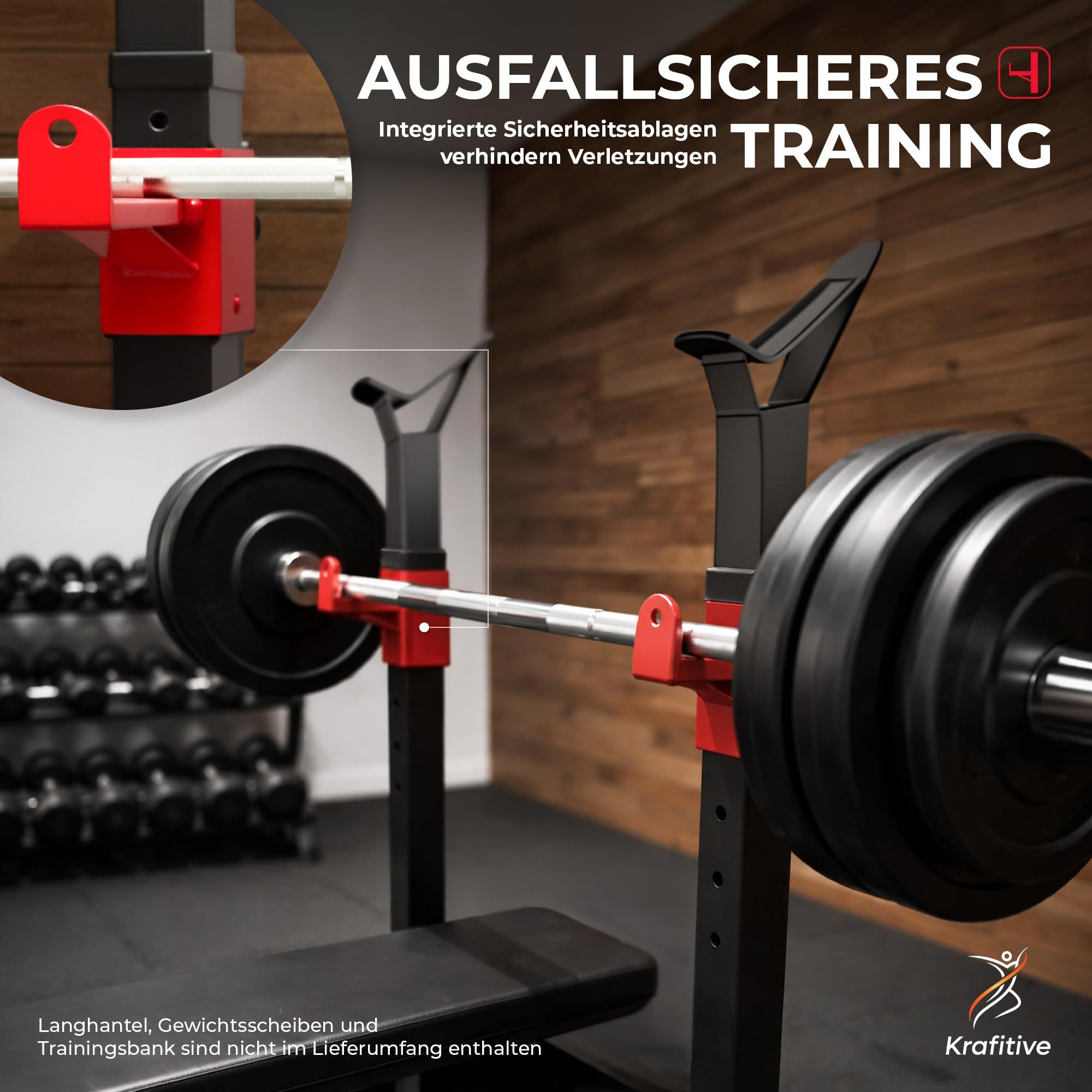 Krafitive Langhantelständer Hantelständer Höhenverstellbar, Home Gym Kniebeugenständer, Bis 200kg belastbar, 16-stufig verstellbar inkl. Safety-Spotter.