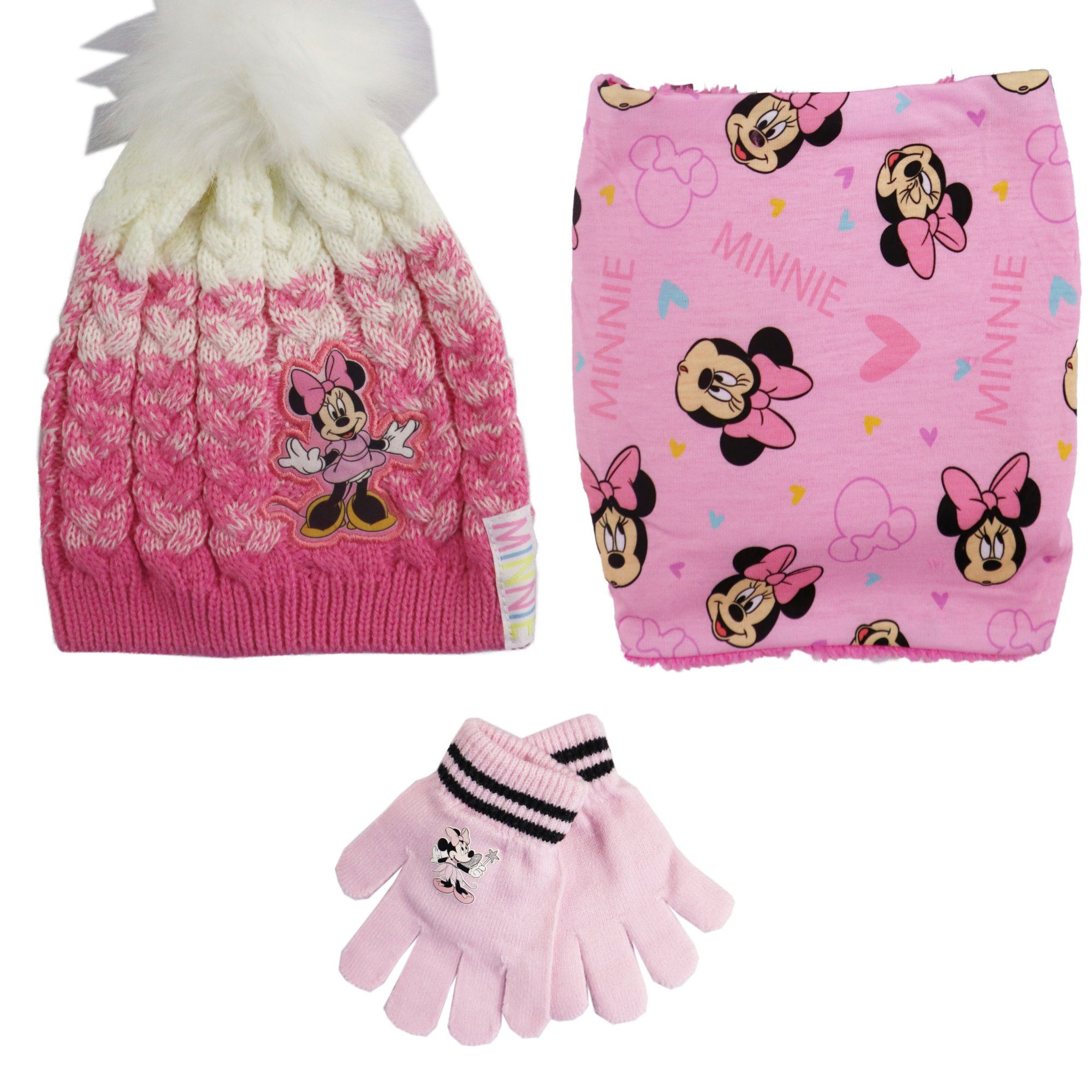 Disney Bommelmütze Disney Minnie Maus Snood Wintermütze (2-St) plus Kinder Set Herbst Handschuhe