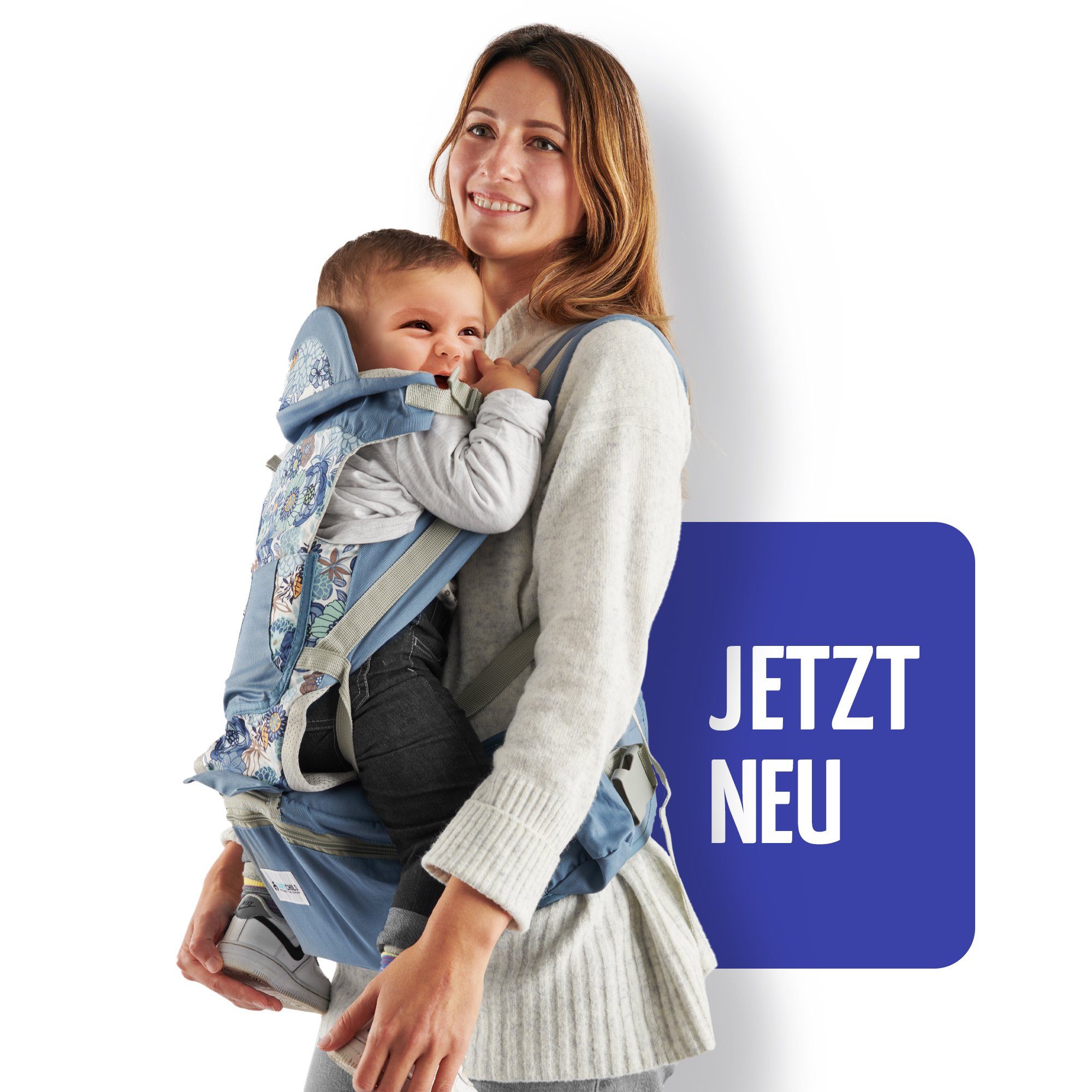 SafeChild Babytrage Premium Design, 100% Baumwolle, Mesh-Gewebe, Neugeborene, Hüftsitz, Flaschenhalterung, Windeltasche, Handytasche HellblauMuster