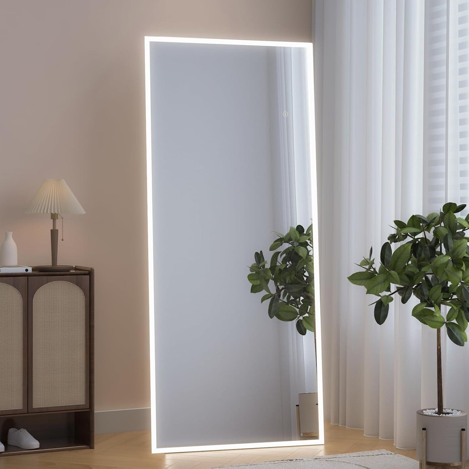 Elemango Ganzkörperspiegel LED-Bogenboden-Spiegel mit 3 Farbwechseln, 165x60 cm, Aluminiumrahmen, Ganzkörperspiegel mit Halterung,Beleuchteter Bodenspiegel