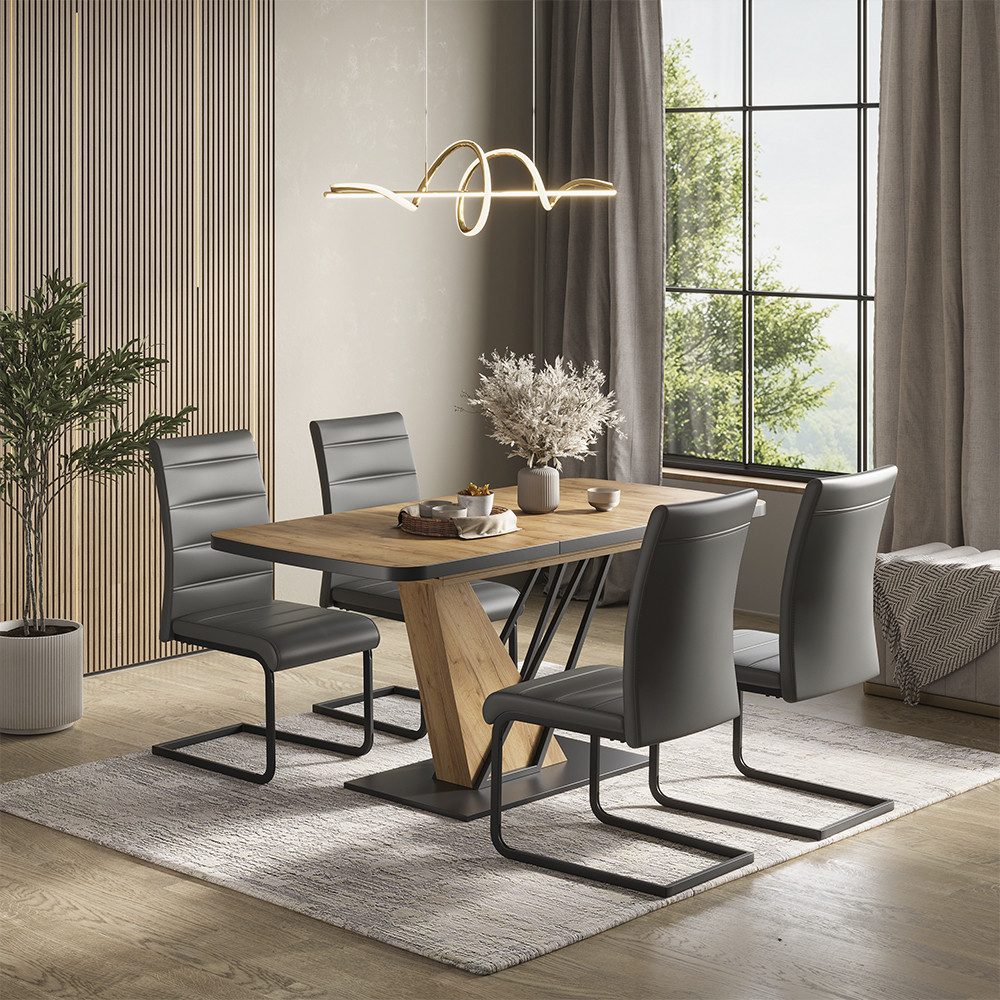 Vicco Essgruppe Fenaro, Goldkraft Eiche, 120 x 80 cm mit 4 Esszimmerstühlen, Grau, (6-tlg)