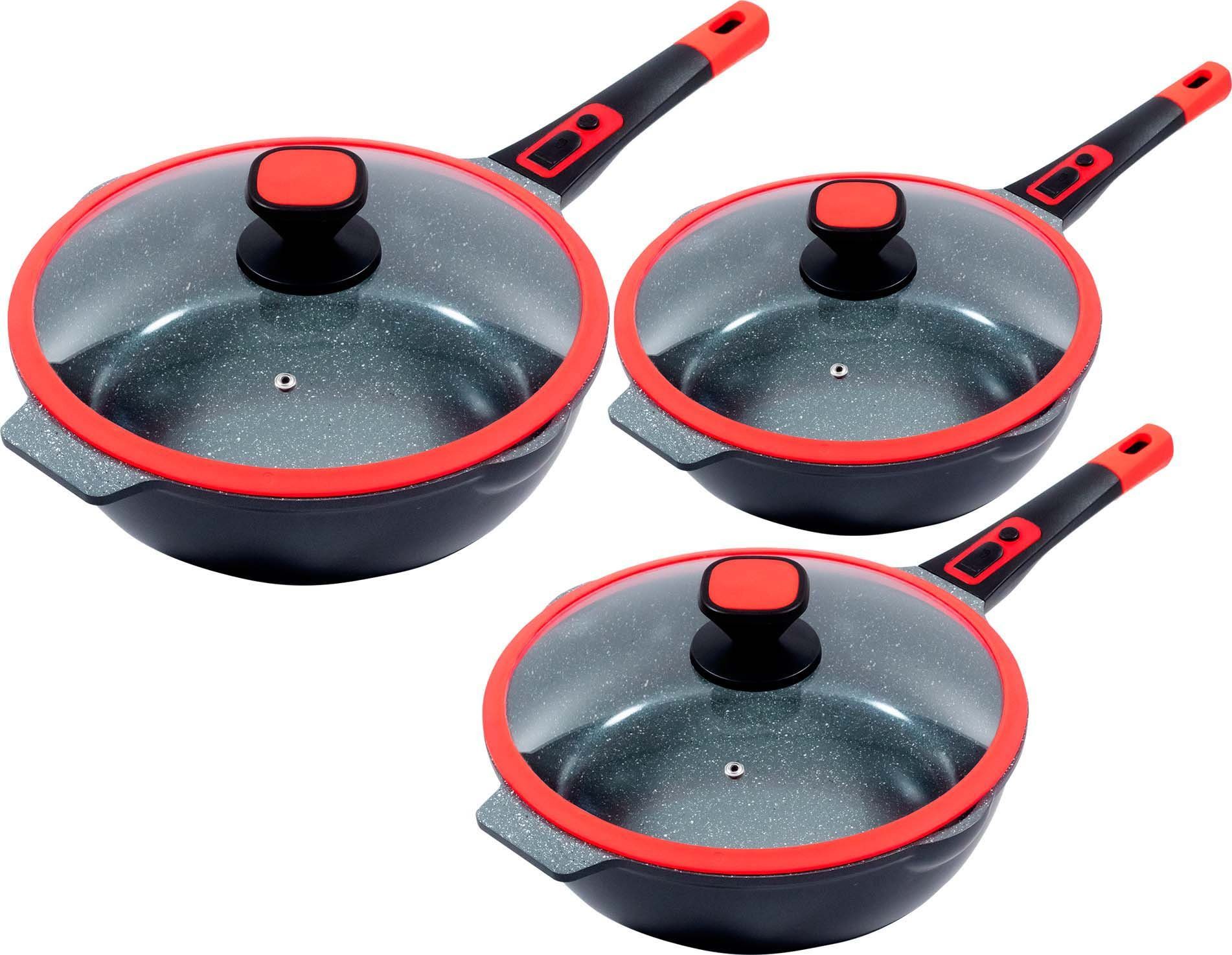 KING Pfannen-Set Click-Grip, Aluminiumguss (Set, 3-tlg., je 1 Pfanne Ø 24/28/32 cm, H: 7,5/8,5/9,5 cm, - 6/2,8/4 l), abnehmbarer Griff, Induktion