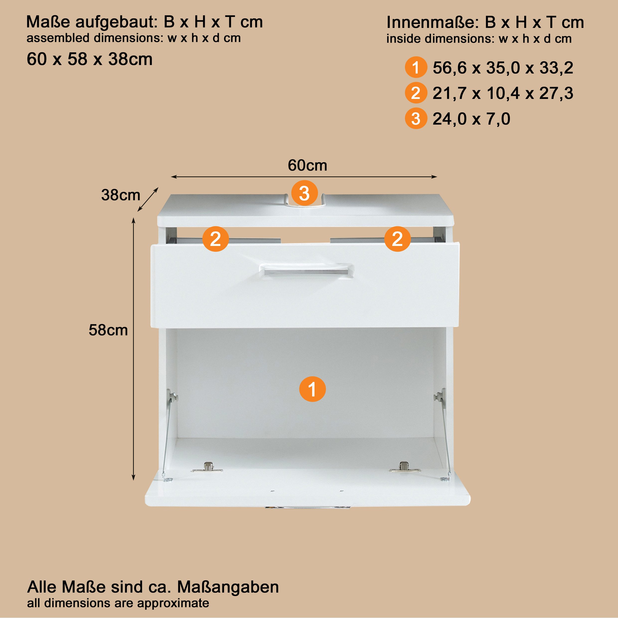 welltime Waschbeckenunterschrank Mora Waschbeckenunterschrank mit Klappe - (B/T/H) 60/38/58 cm