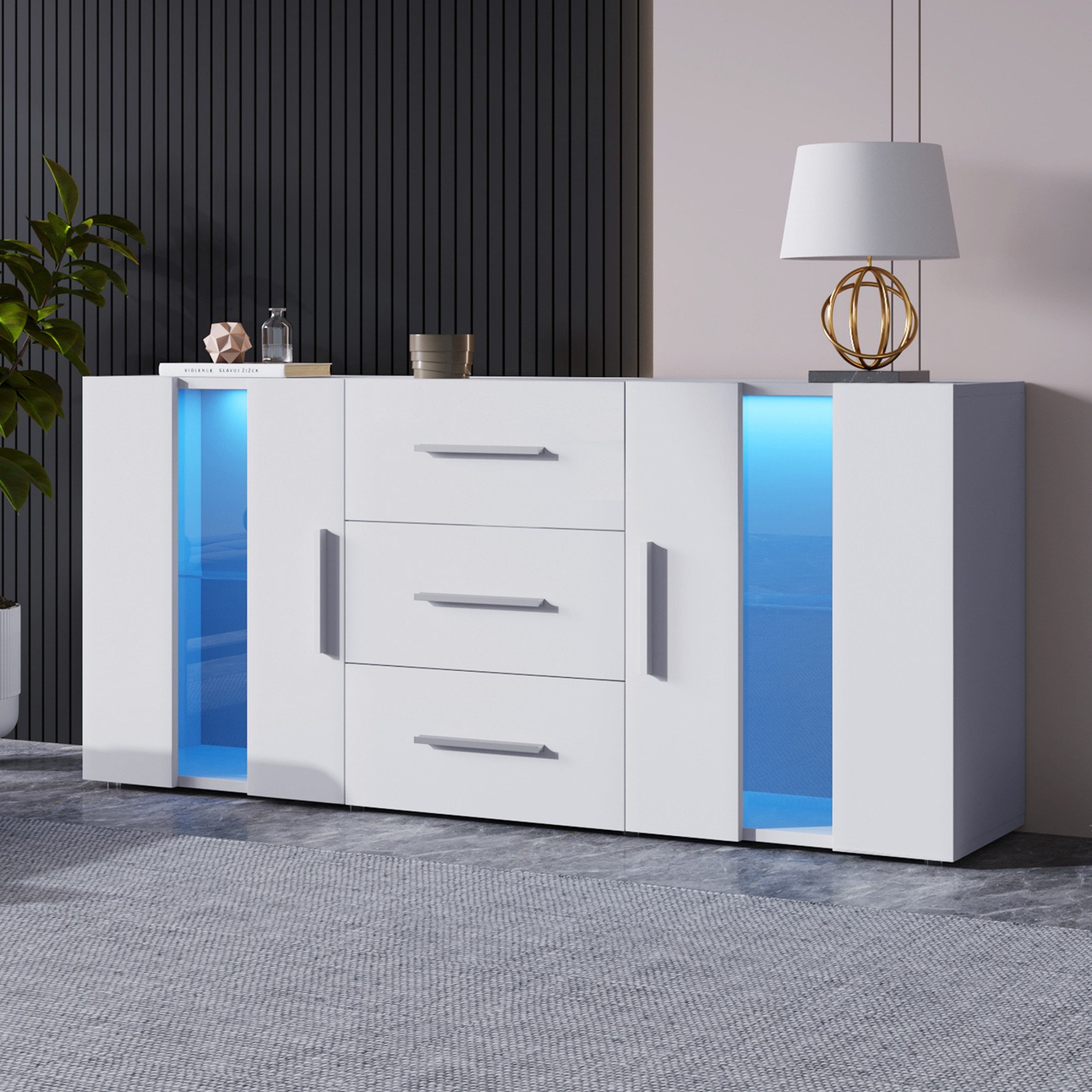 autolock Sideboard TV-Schrank Kommode mit 16 Farben LED-Leuchten Silberne G günstig online kaufen