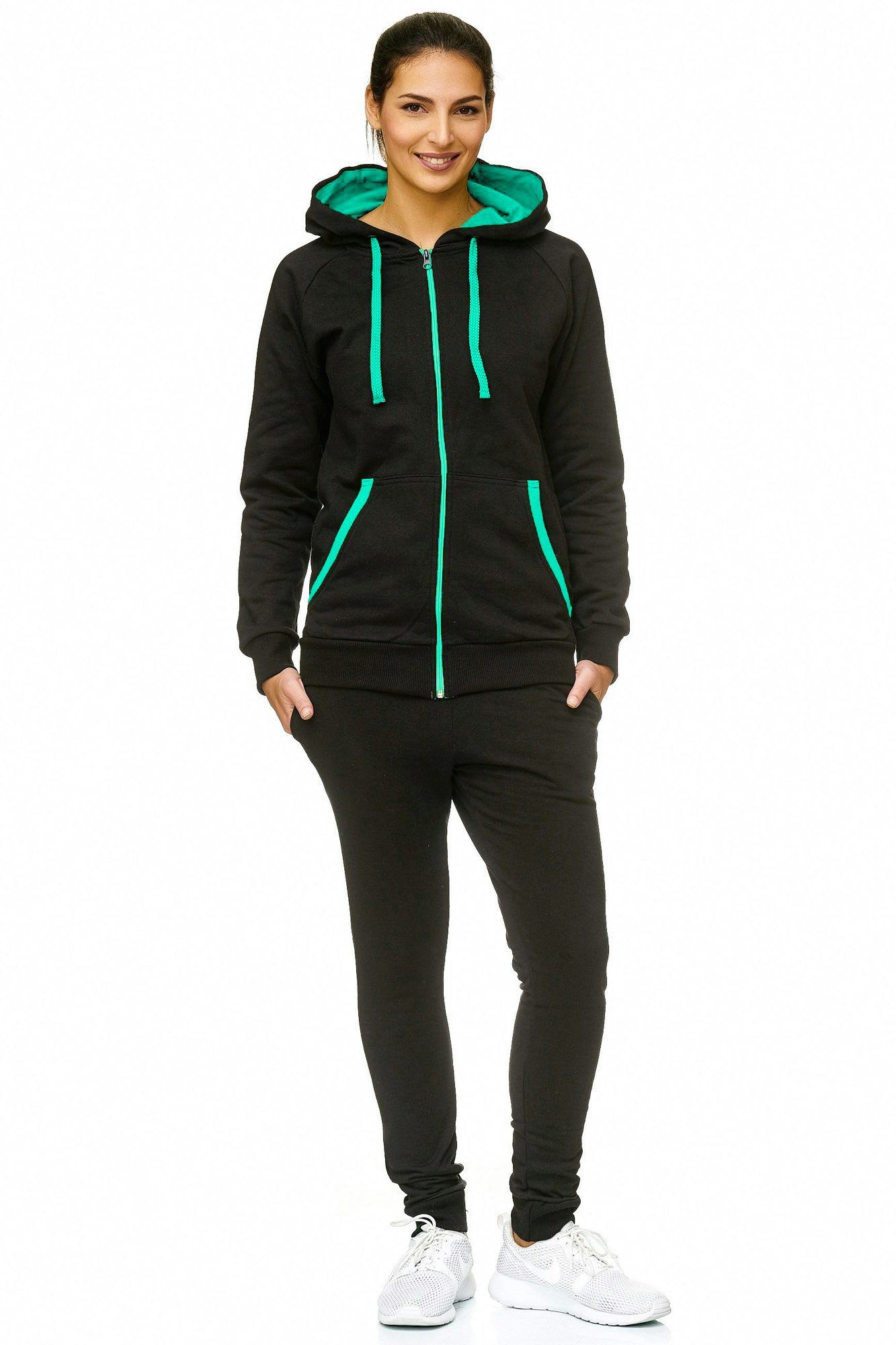 L.gonline Freizeitanzug Damen Freizeitanzug Jogginganzug Sweatwear 704 (Kapuzenjacke mit Reißverschluss, Hose, 2-tlg), Fitness Freizeit Casual