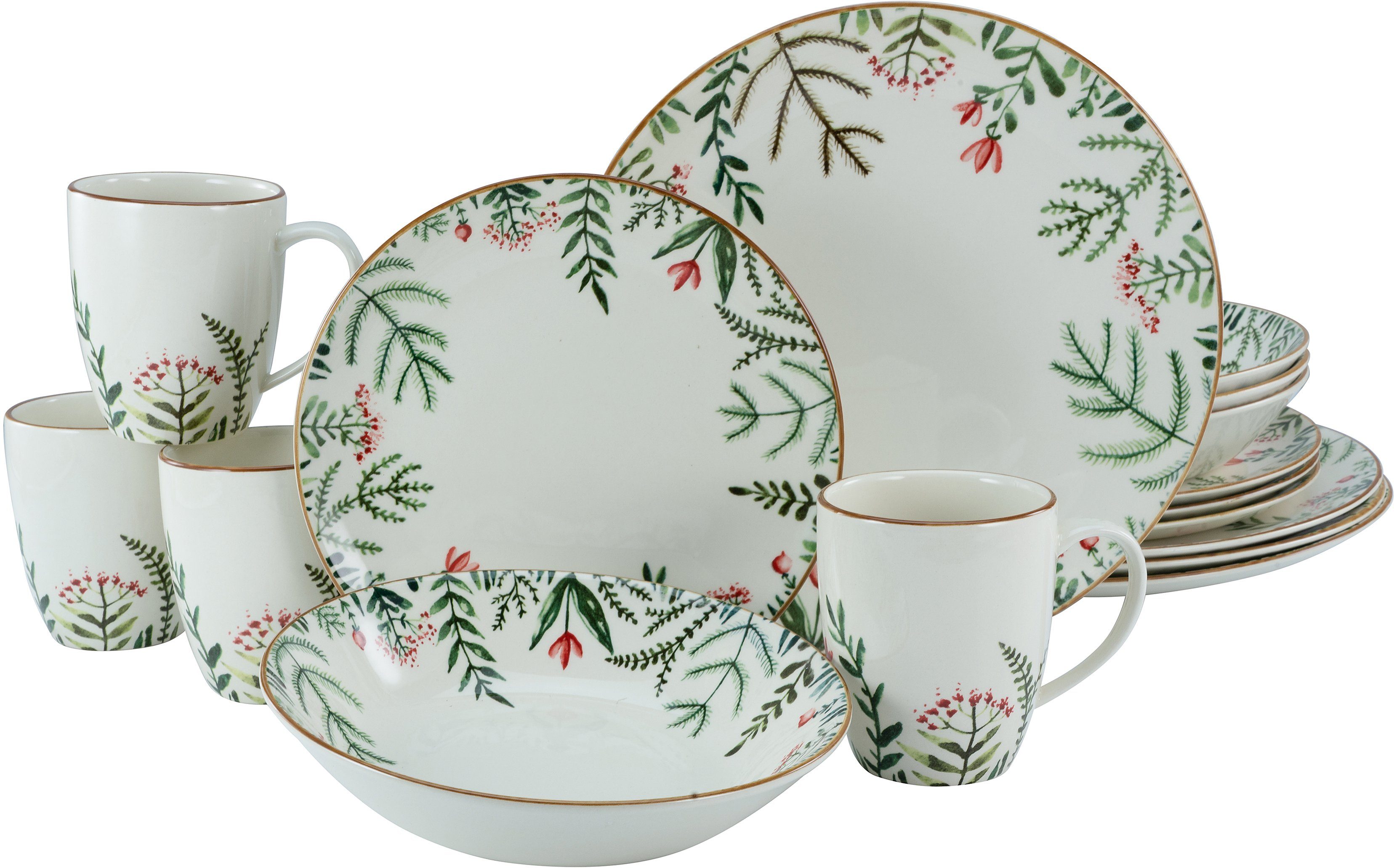 CreaTable Kombiservice Geschirr-Set Greenery Leaves (16-tlg), 4 Personen, Steingut, Service, traditionelles Blumen- und Farnmotiv, 16 Teile für 4 Personen