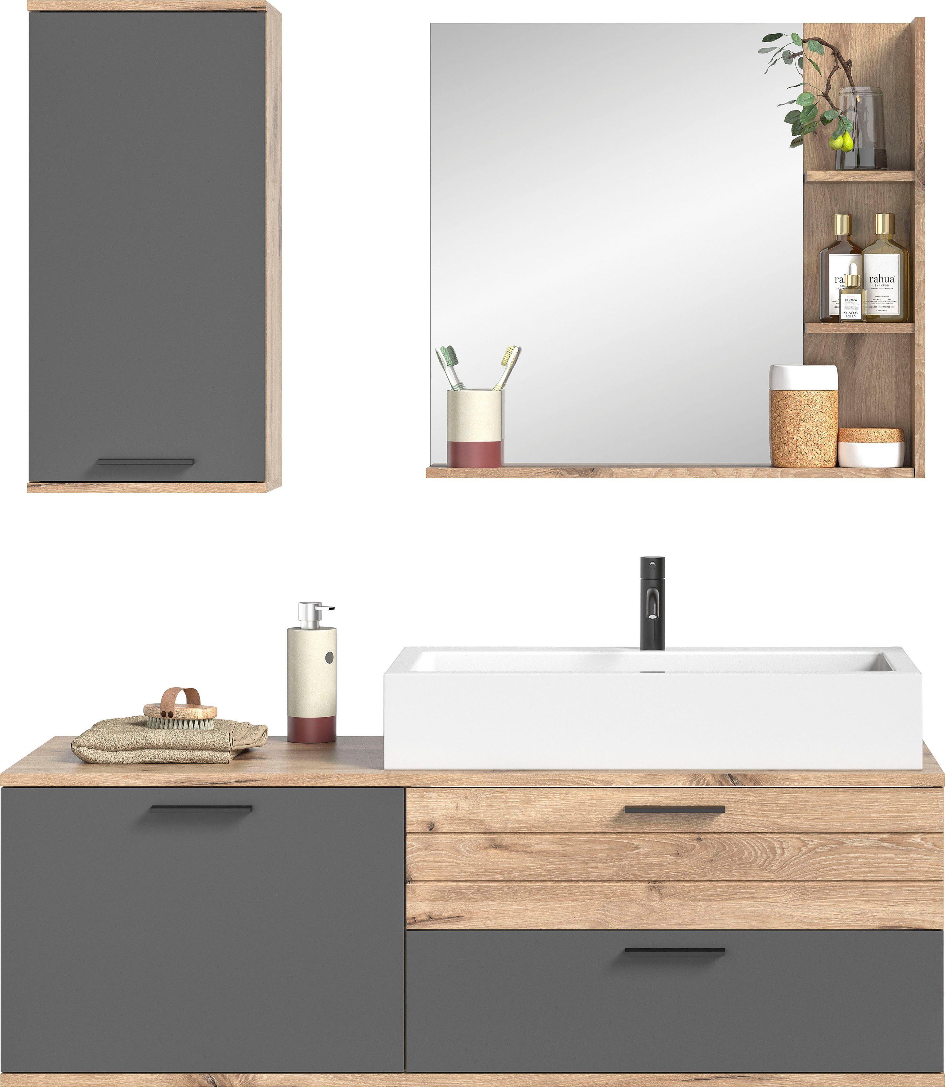 INOSIGN Badmöbel-Set Riga, 3 teilig, inklusive Keramik-Aufsatzwaschbecken, bestehend aus:, (Set, 3-St), Waschtisch-Set, Hängeschrank, Badspiegel