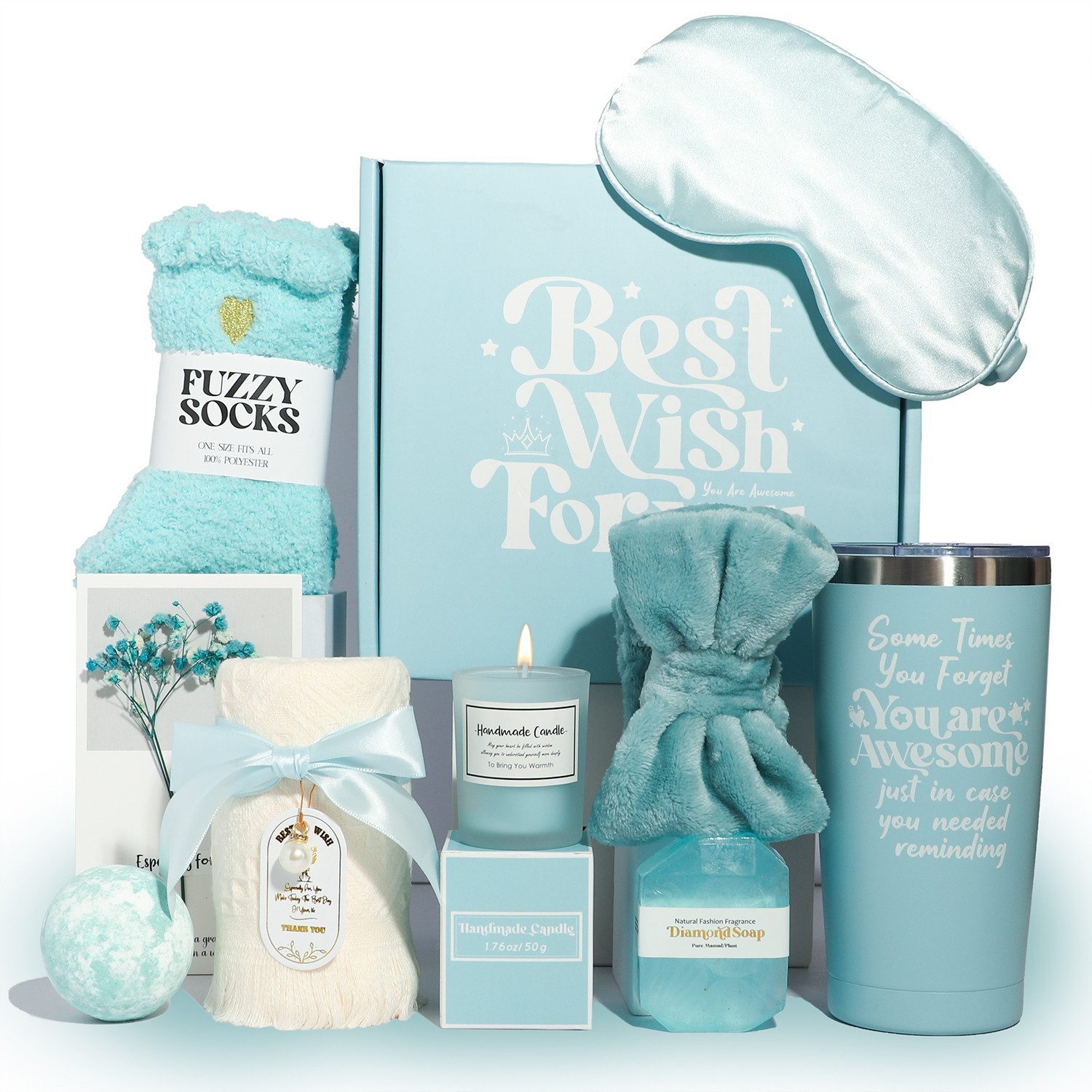 Luckice Pflege-Geschenkbox Geburtstagsgeschenke für Frauen, Selbstpflegegeschenke für Frauen Selbstpflegegeschenke für Frauen Selbstpflegegeschenke für Frauen, Mütter, Schwestern, Ehefrauen, beste Freunde, Lehrer, Krankenschwestern, Kollegen, entspannendes Spa-Geschenkkorbset, isolierte Wasserflasche aus Edelstahl, Badesalz, Duftkerzen, handgemachte Diamantseife, Augenmaske aus Seide usw Schönes Halstuch mit Fransen, Schenken Sie ihr eine einzigartige und unvergessliche Überraschung