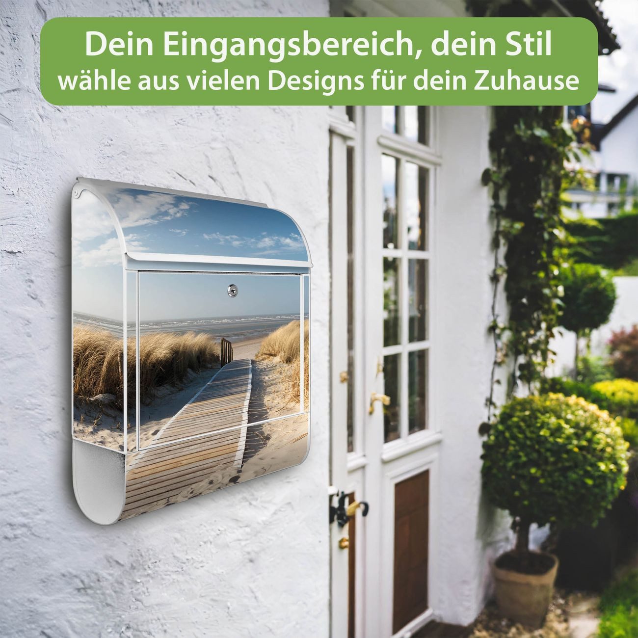 banjado Wandbriefkasten Weiß Stahl mit Motiv Dünen (Wandbriefkasten witterungsbeständig, pulverbeschichtet, mit Zeitungsfach), 47 x 39 x 14 cm