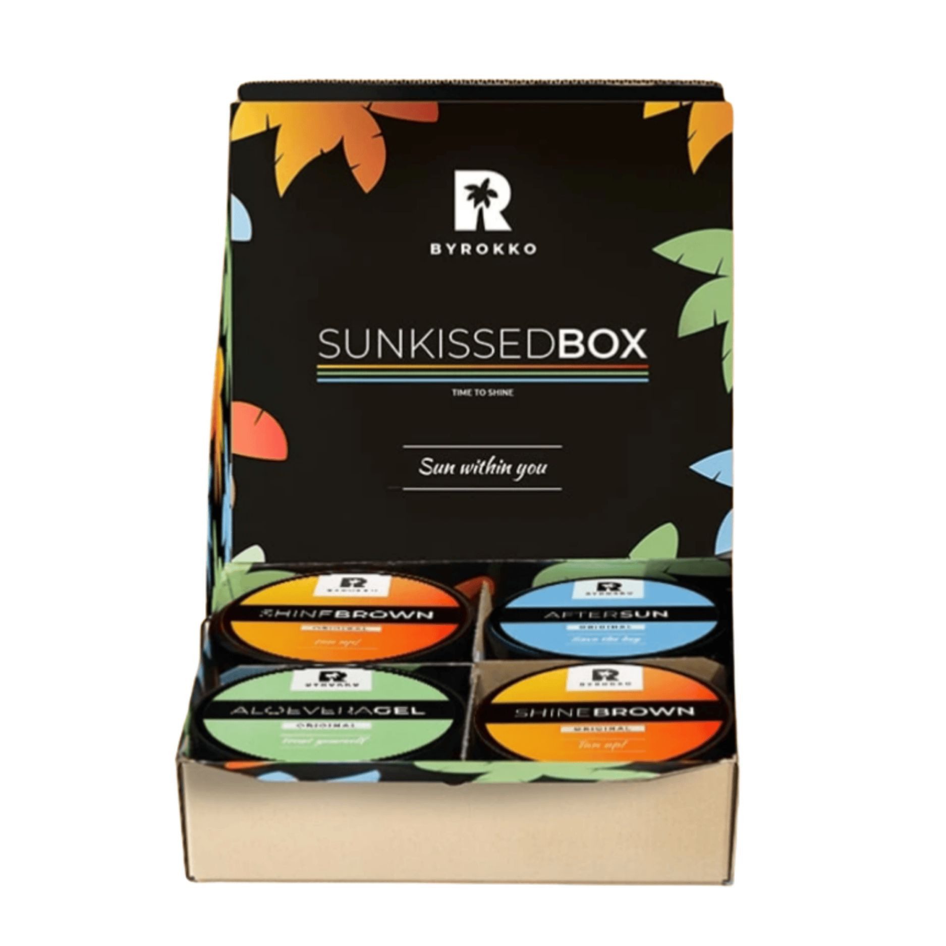 BYROKKO Selbstbräunungscreme Byrokko Sunkissed Box 4-teiliges Bräunungsset, Sonnenpflege-Set, 4-tlg., Enthält 2 Shine Brown Cremes, 1 After-Sun-Gel und 1 Aloe-Vera-Gel., Komplettset für Bräunung und Pflege nach dem Sonnenbad