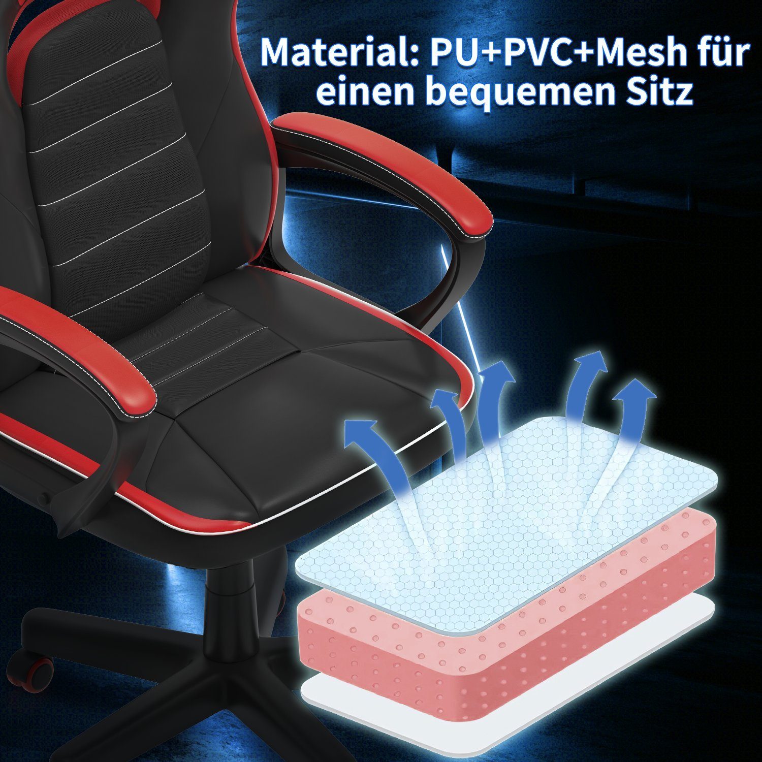 Sitz, Bürostuhl, gepolsterter Gaming-Stuhl Gaming-Stuhl, HOMALL 120kg ergonomischer Rot