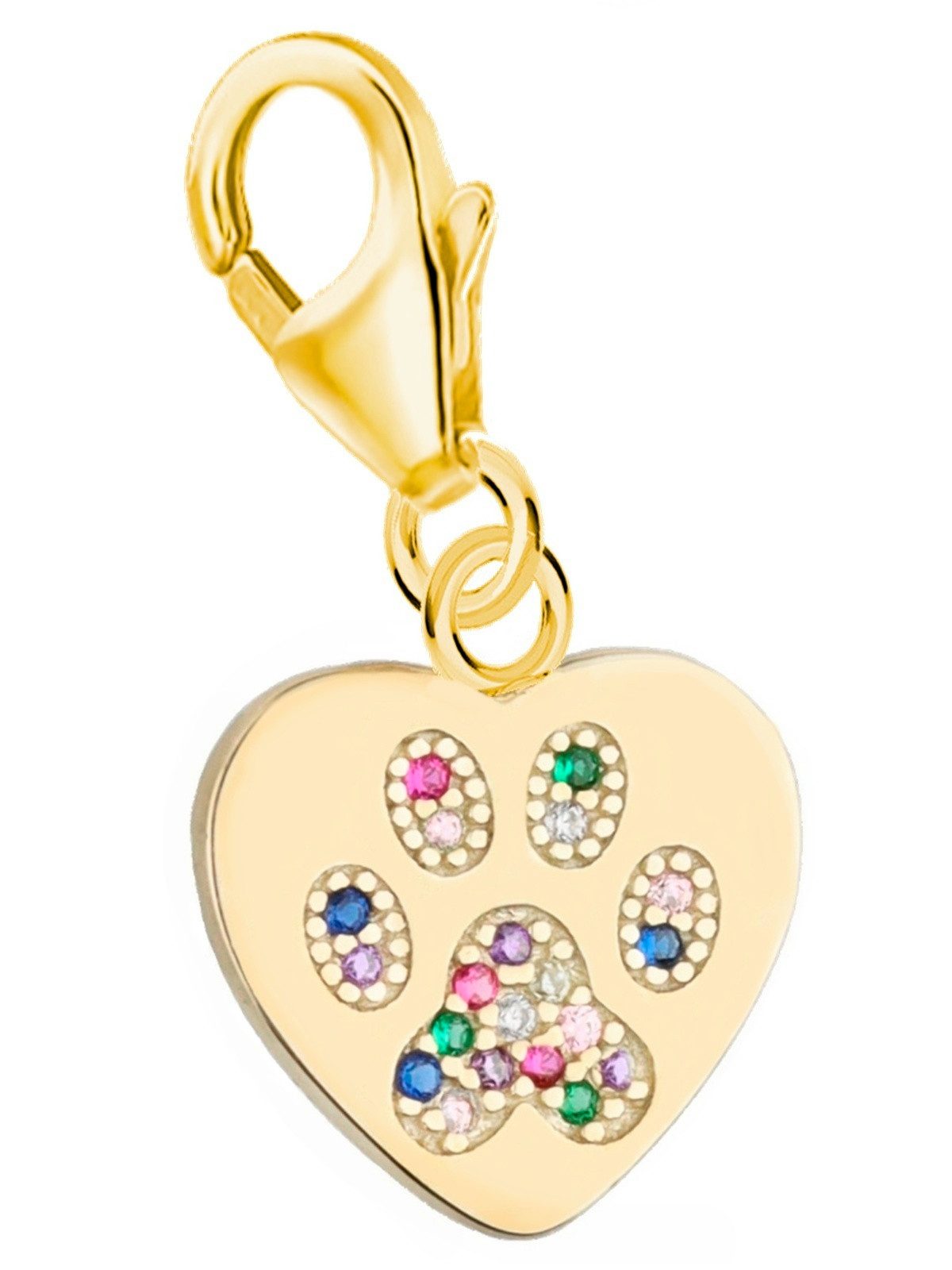 Goldene Hufeisen Charm Herz Charm Anhänger Gold Pfote Herz 18k vergoldet mit Zirkonia, Karabiner, 925 Sterling Silber mit Zirkonia, Goldschmuck für Damen